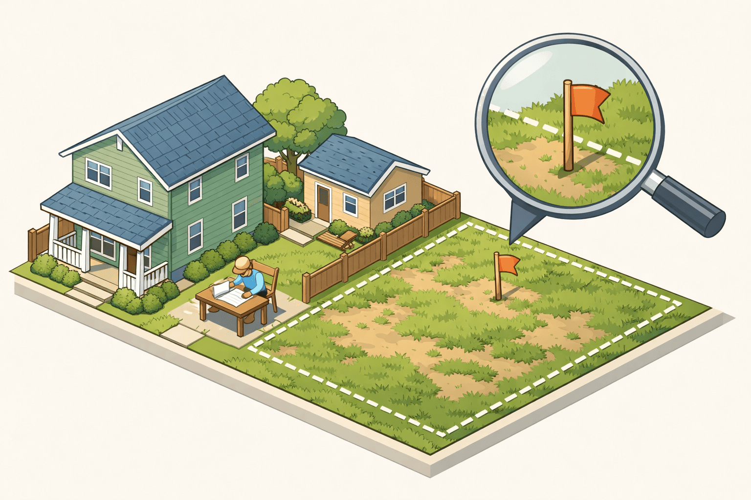 A house with a detached accessory dwelling unit in the backyard and a vacant lot beside it, shown in an isometric view.