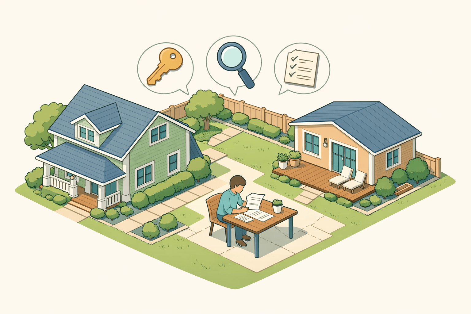 Isometric view of a home with a backyard accessory dwelling unit and a person reviewing loan documents outside