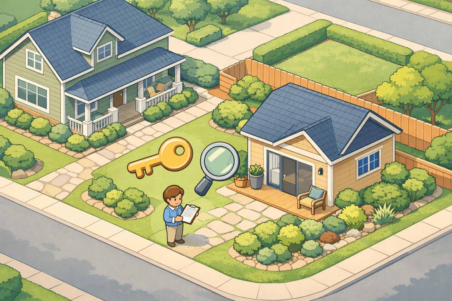 Isometric view of a home with a detached converted garage and a person reviewing loan documents outside