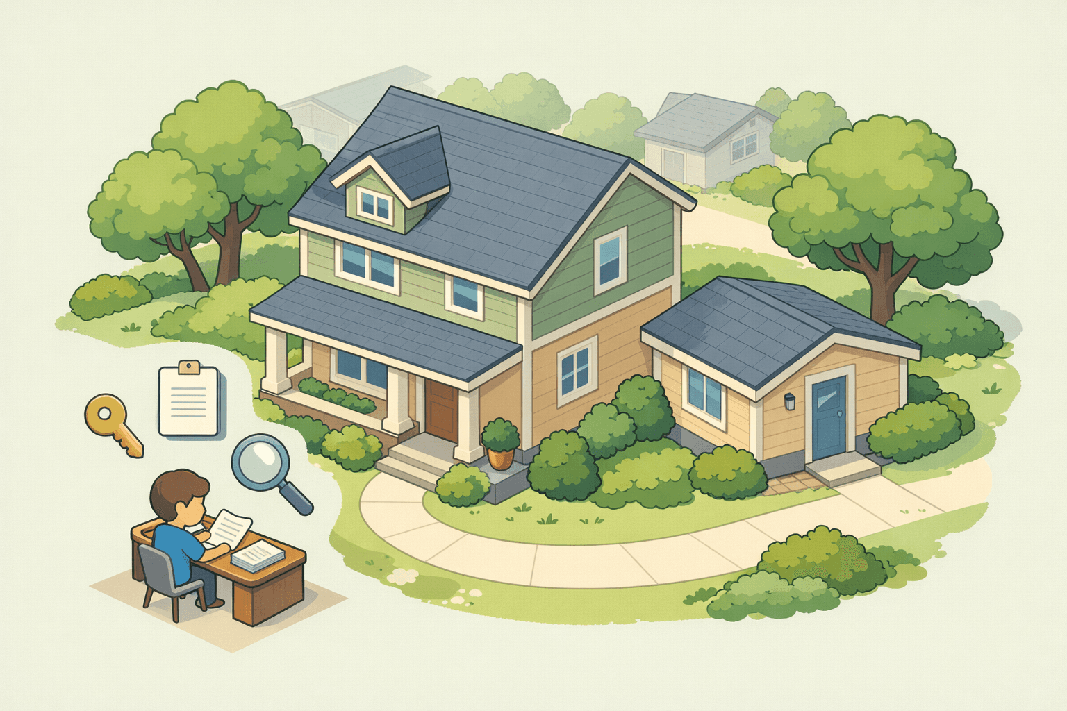 Isometric house with attached in-law suite and a person reviewing HELOC documents nearby