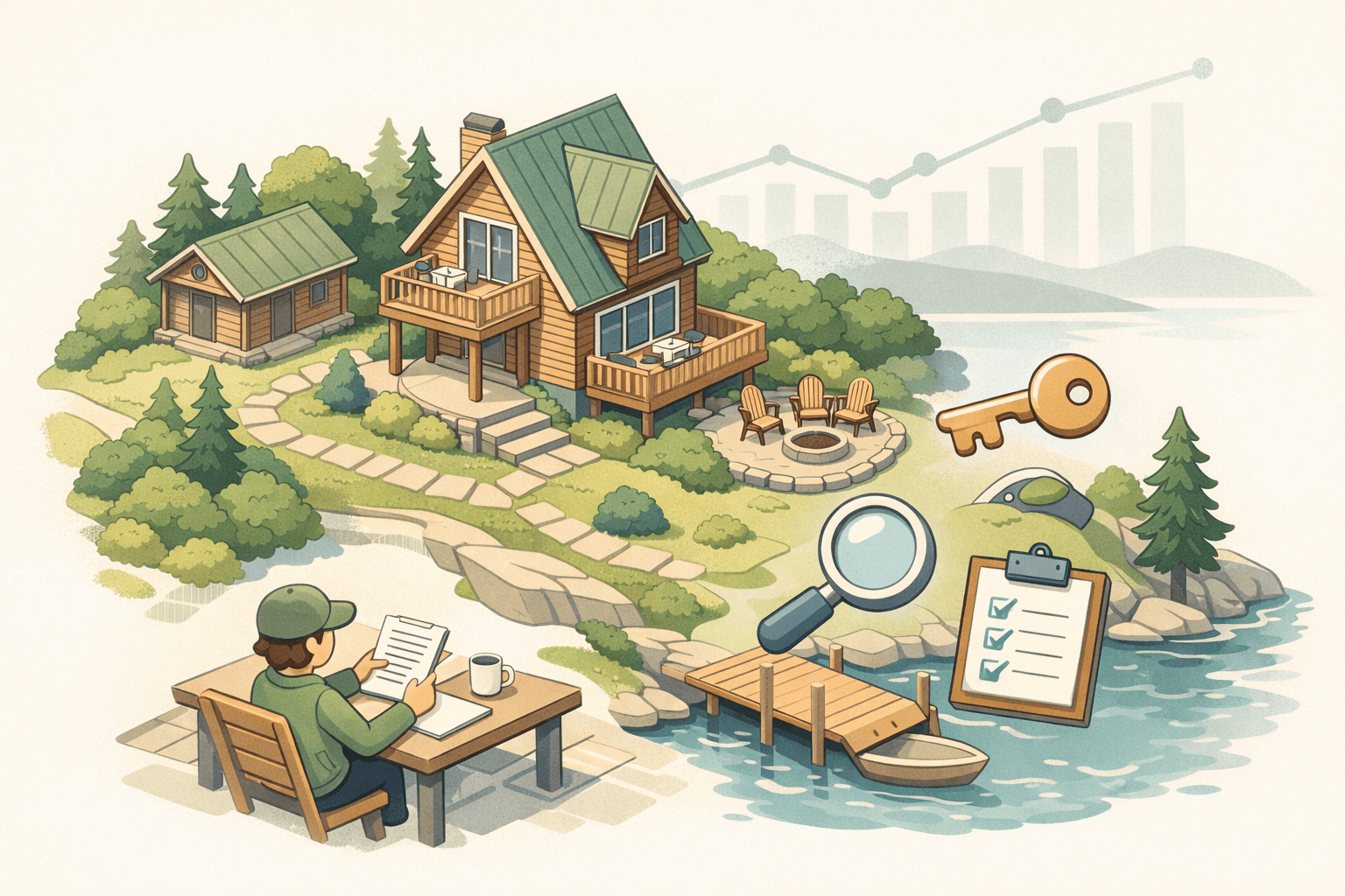 Isometric illustration of a vacation rental cabin with a person reviewing HELOC documents and floating equity icons nearby