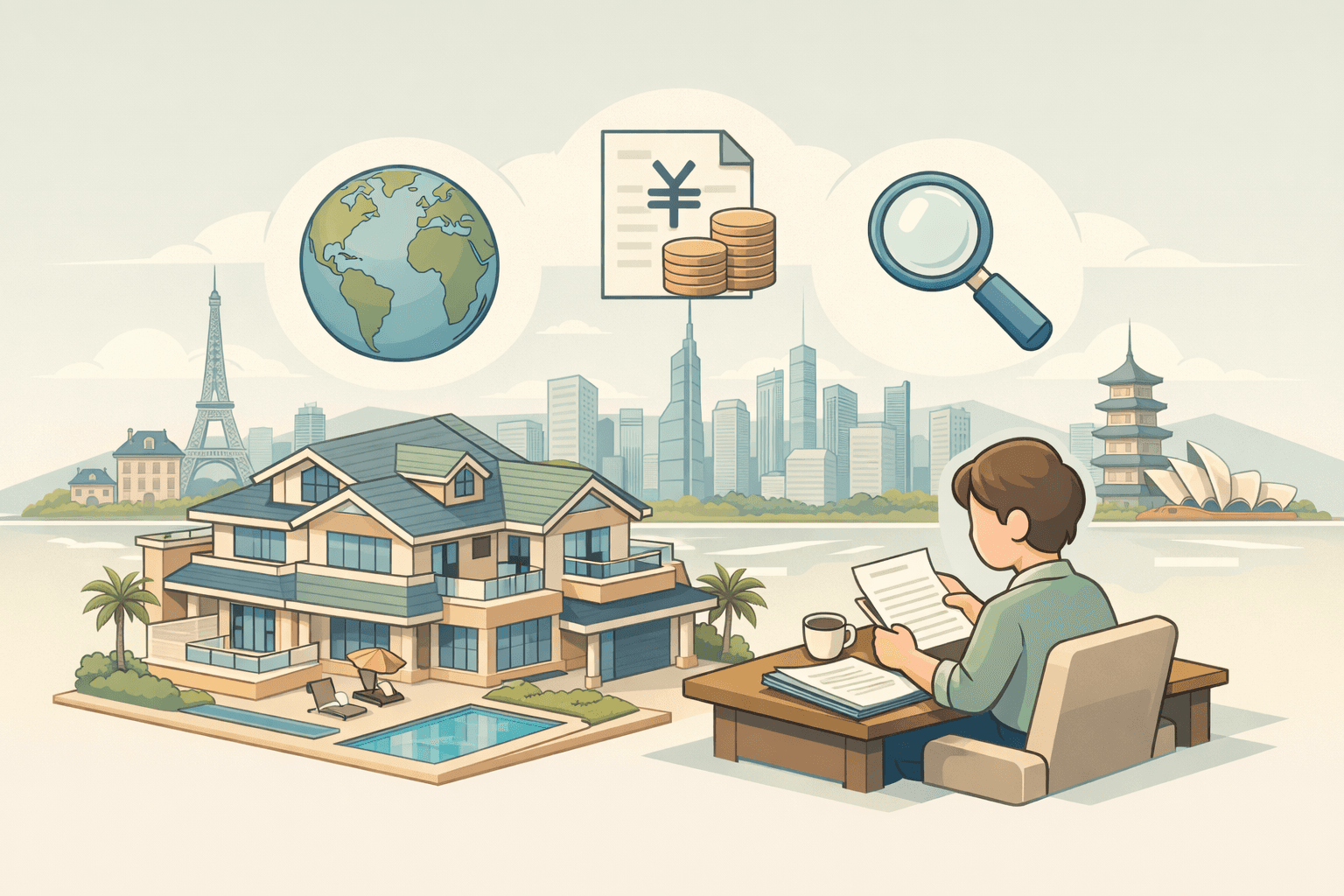 A luxury home with floating document and globe icons representing a jumbo mortgage application with foreign real estate investment income