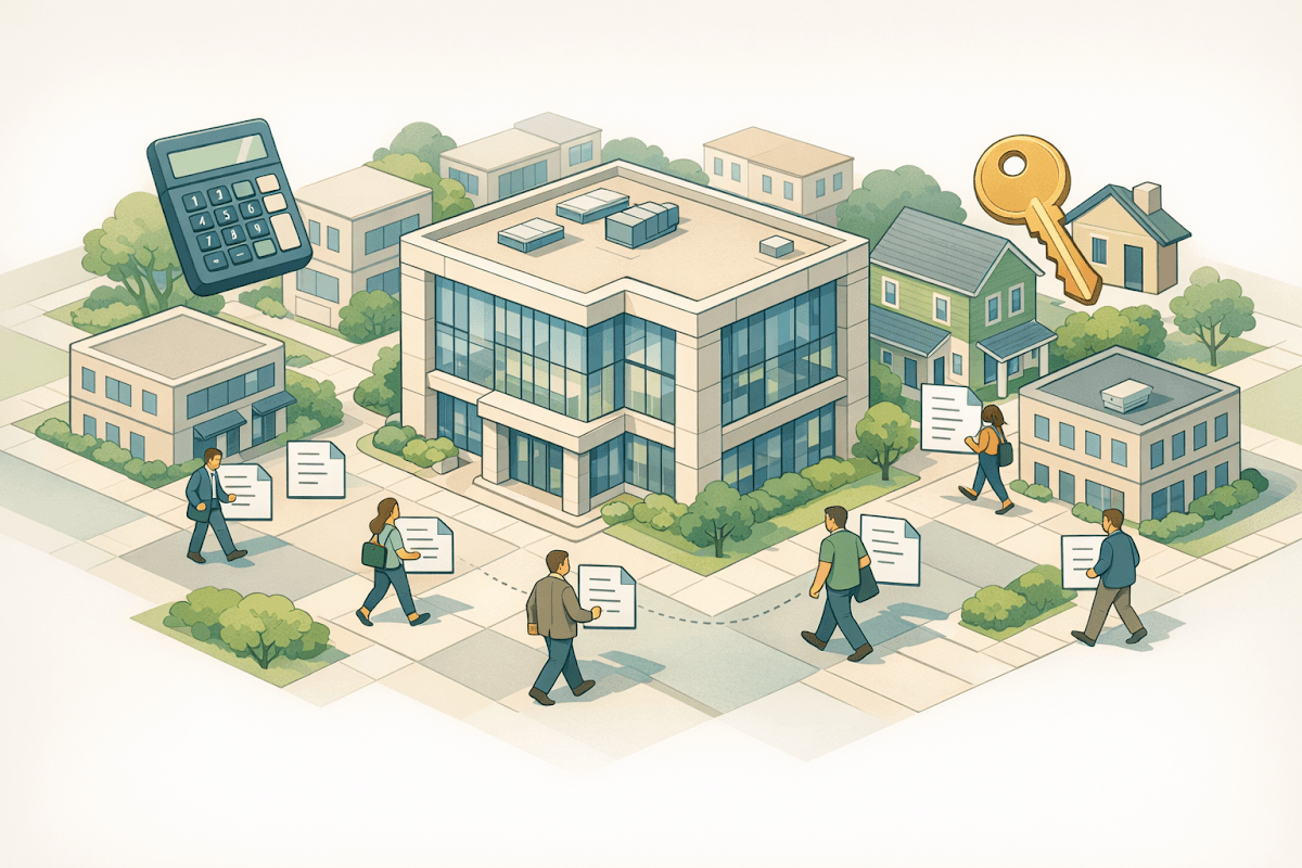 Modern bank building surrounded by houses and offices with people carrying documents, representing loan terms and financing decisions
