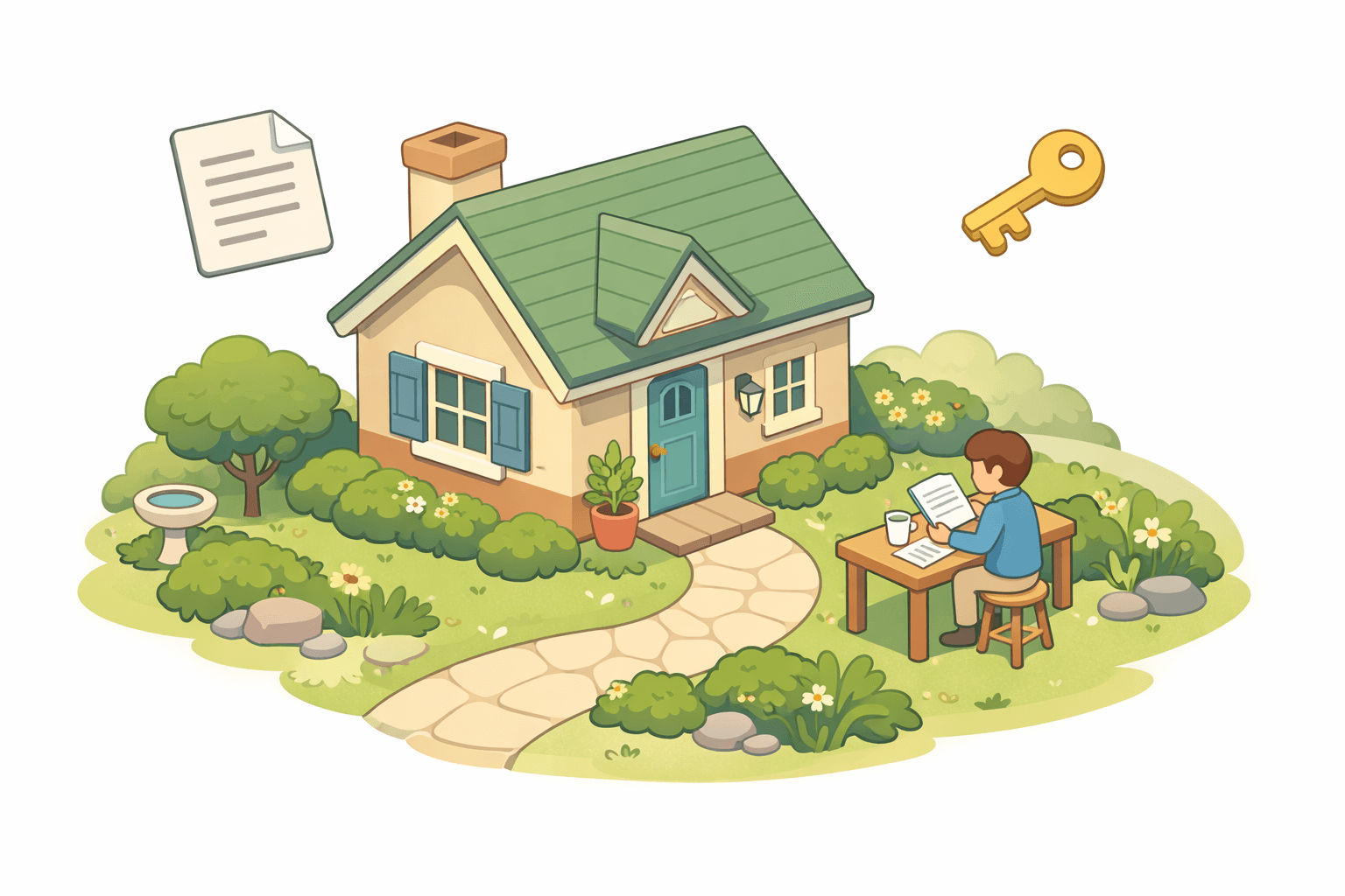 A small house with a person reviewing mortgage documents outside, representing Medicaid recipient homebuying eligibility