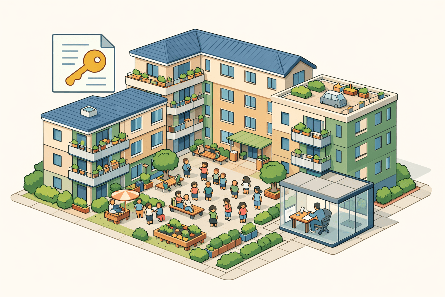 Isometric illustration of a cooperative housing building with residents and a document review scene representing shared equity mortgage financing