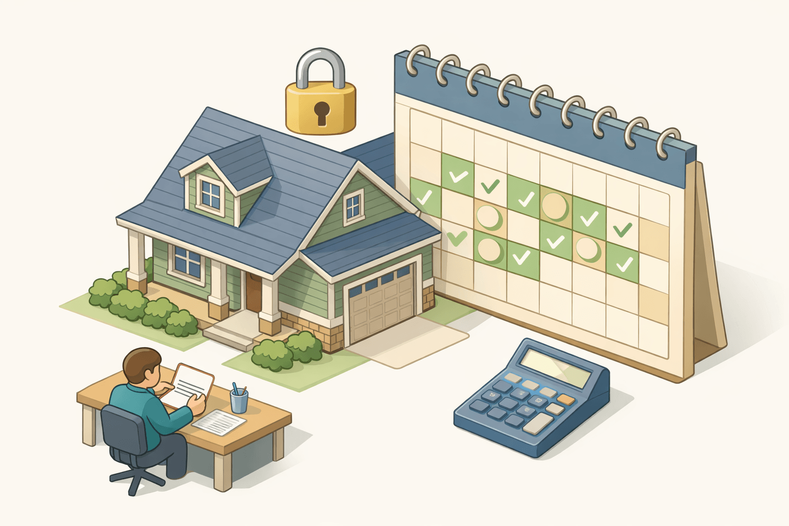 A homeowner reviews refinance documents at a desk beside a house with a padlock icon representing a mortgage rate lock.