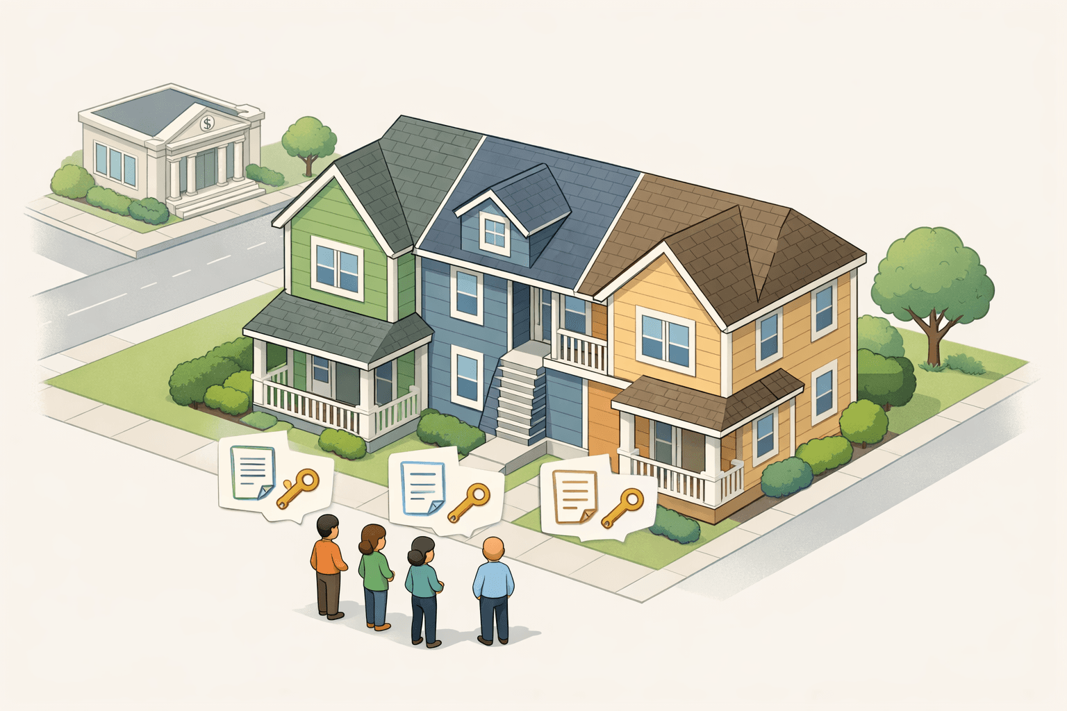 An isometric house divided into fractional sections with small figures and document icons representing inherited property ownership.