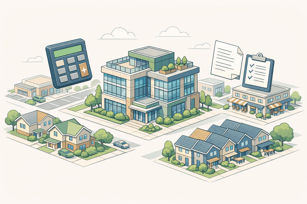 Modern lending office surrounded by various residential and commercial properties with financial symbols