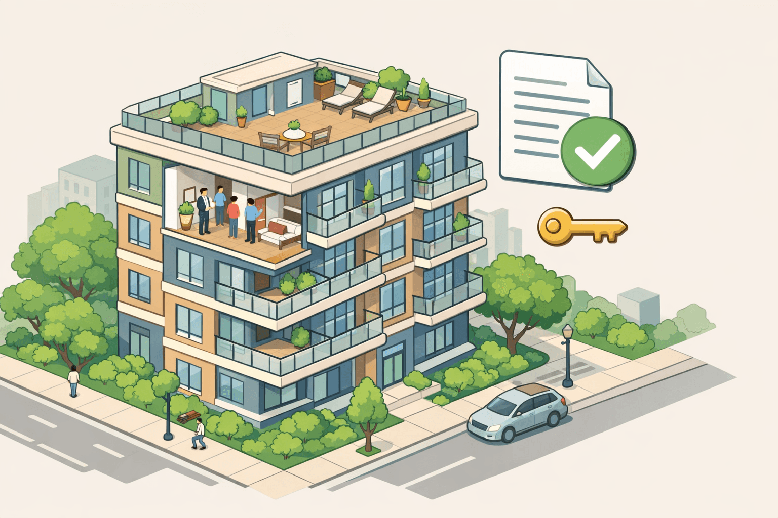 A stylized isometric condominium building with small figures and approval document icons representing FHA condo financing
