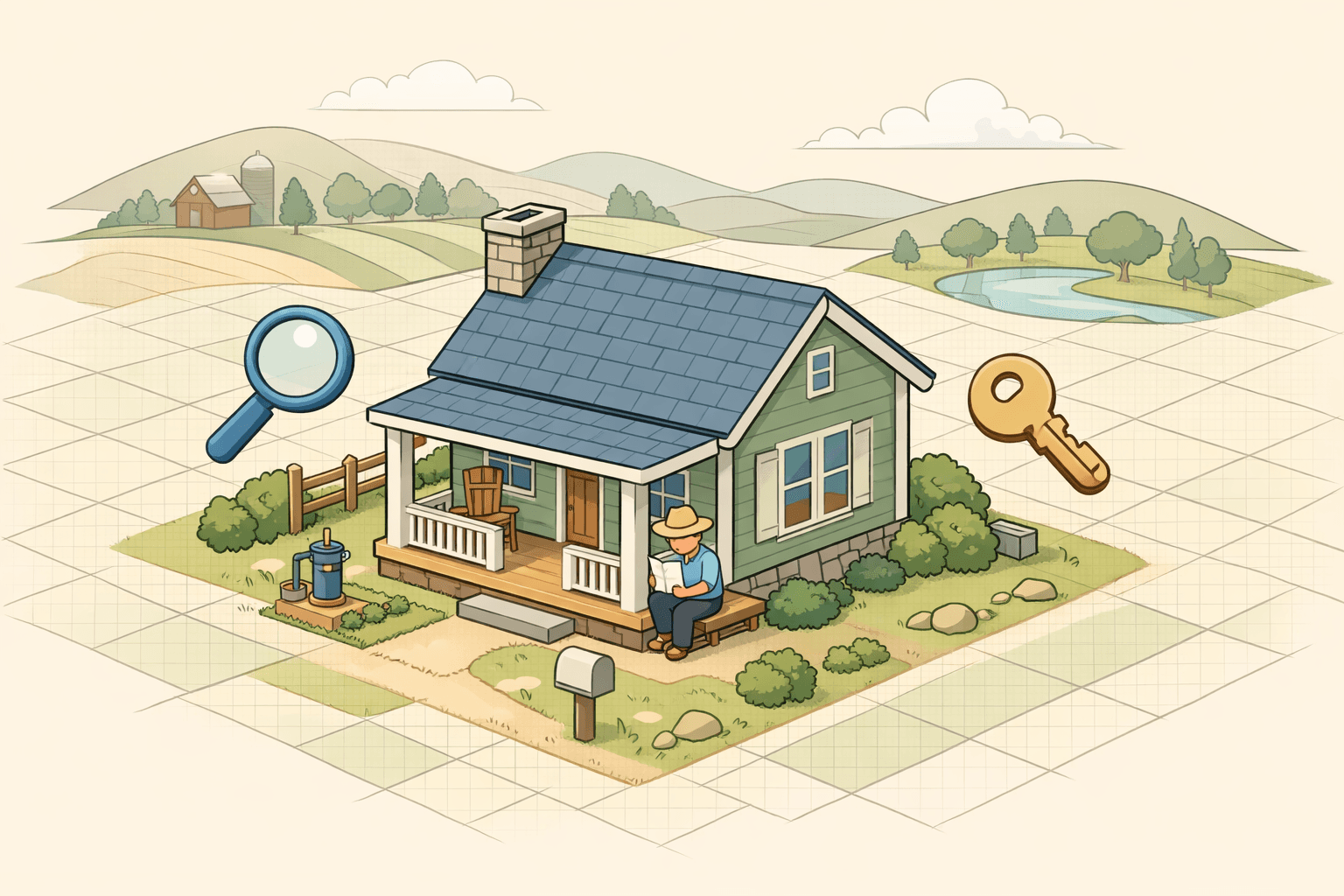 A small rural home in a green landscape with document and key icons floating nearby, representing USDA loan eligibility for existing homes.