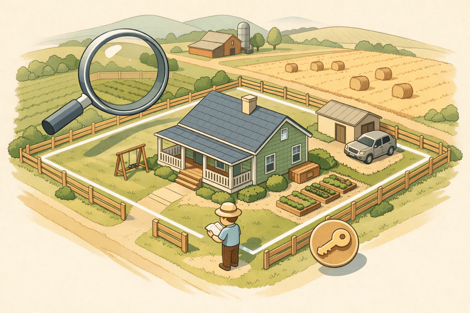 A rural home on agriculturally zoned land with open fields and a small figure reviewing mortgage documents outside.