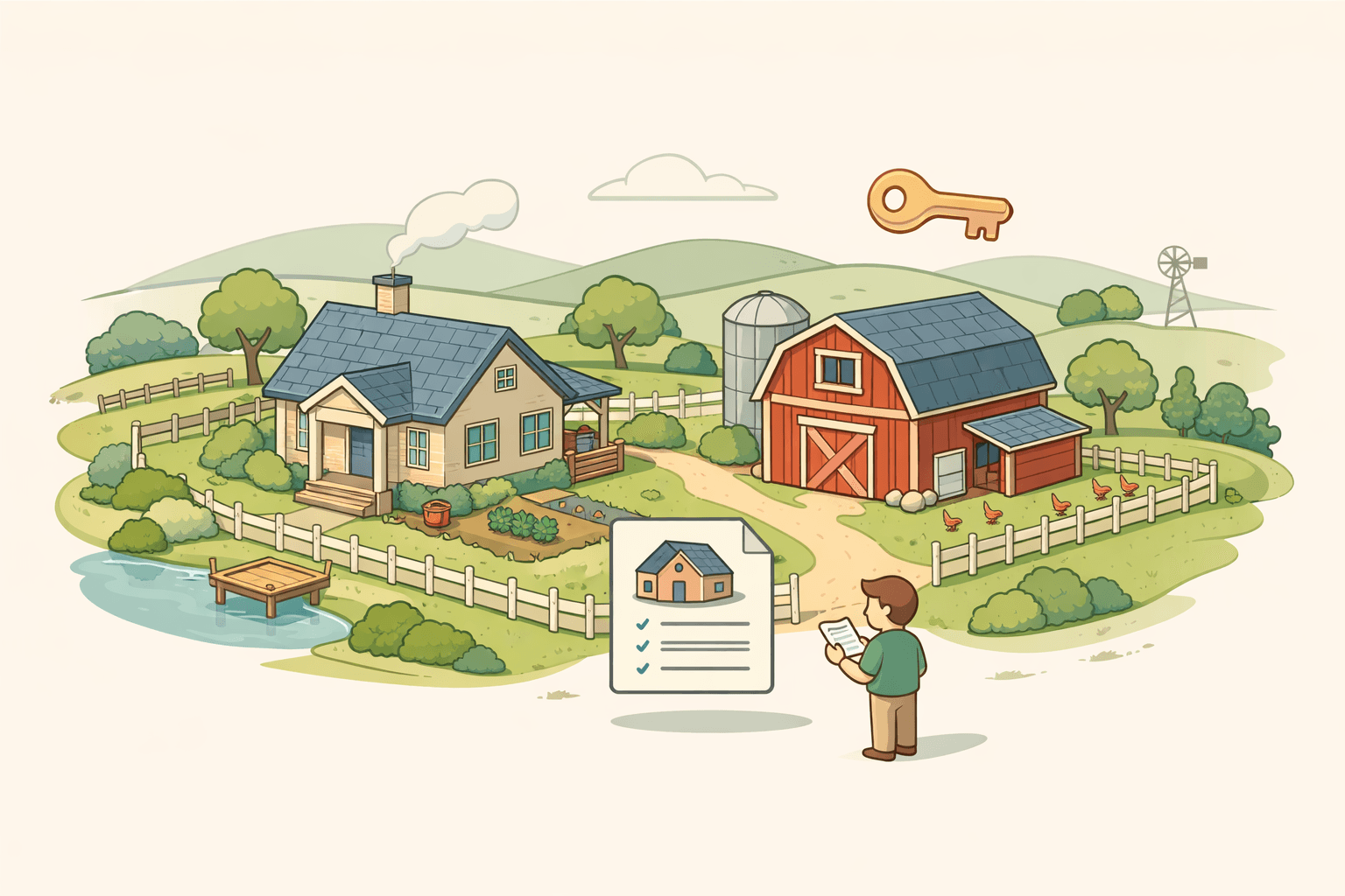 A rural homestead with a house and existing barn on green land, representing USDA loan property eligibility for rural buyers.