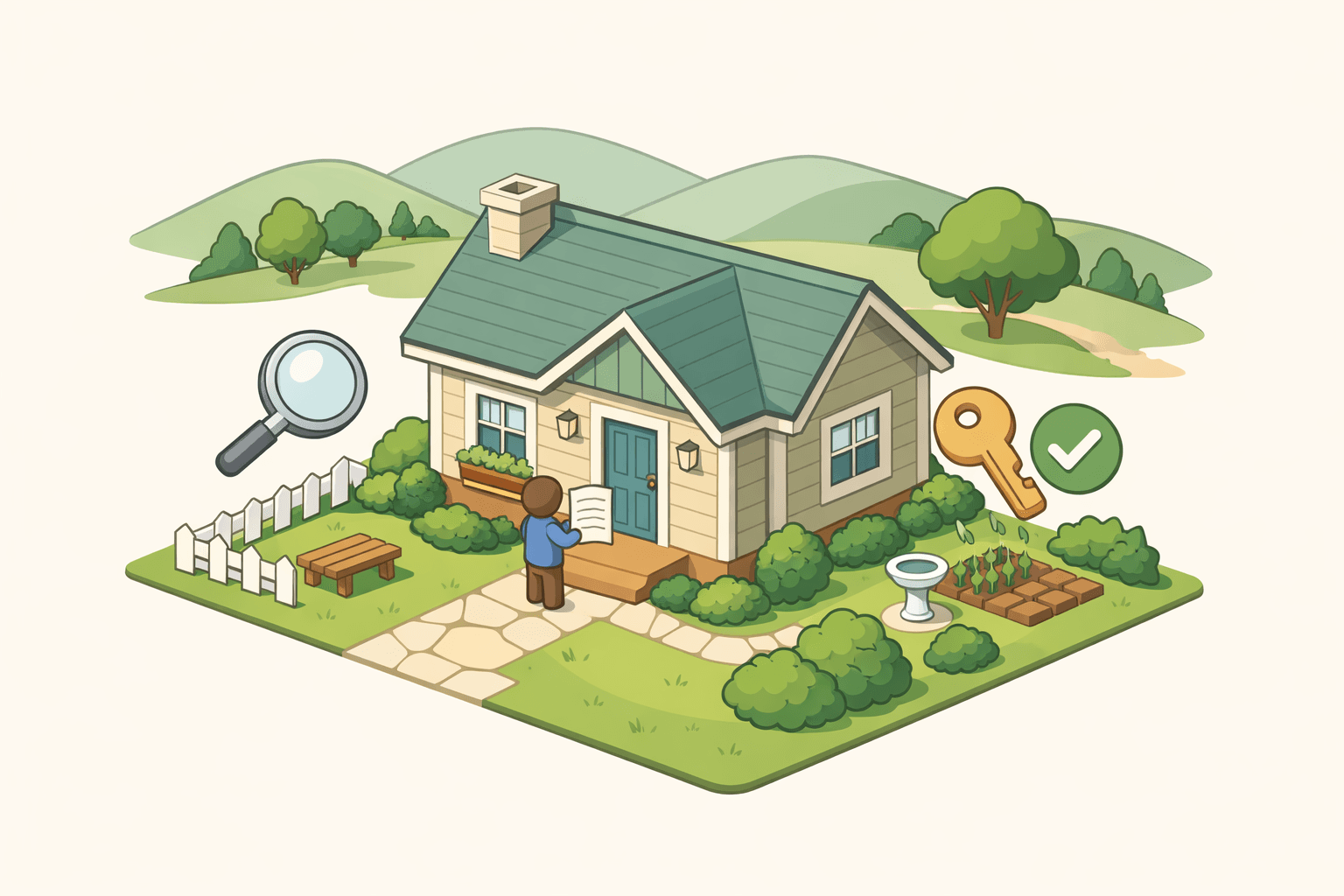 A small rural home with green hills in the background and a key icon nearby, representing USDA loan eligibility for existing homes.