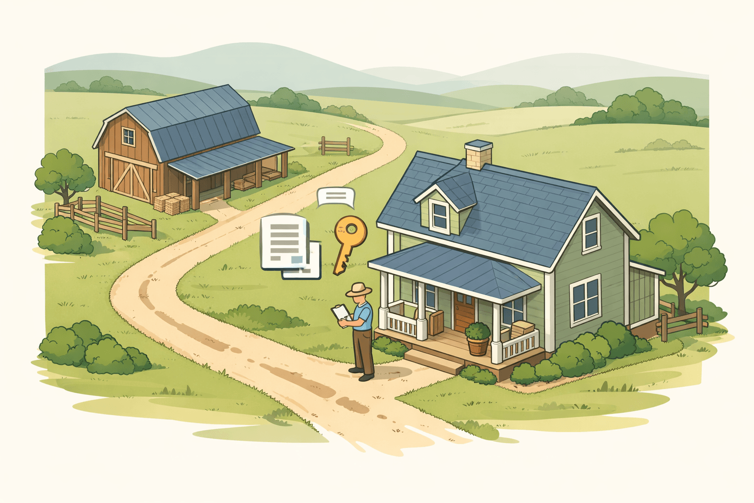A rural home with an existing barn on a green countryside lot, representing USDA loan eligibility for rural properties.