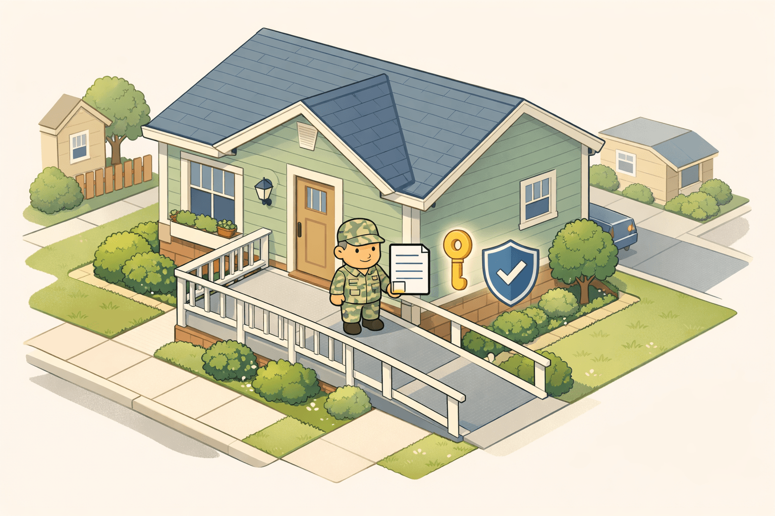 Isometric illustration of a veteran near a home with a wheelchair ramp, a document icon, and a key floating nearby