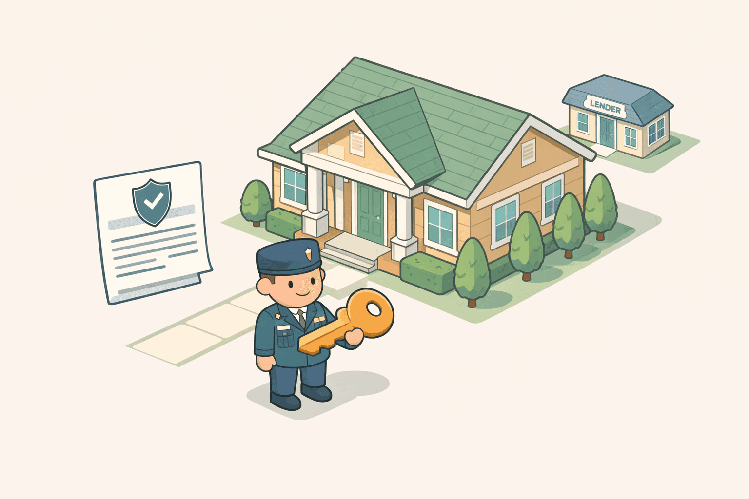A veteran standing in front of a new home holding a house key, representing VA loan homeownership benefits.