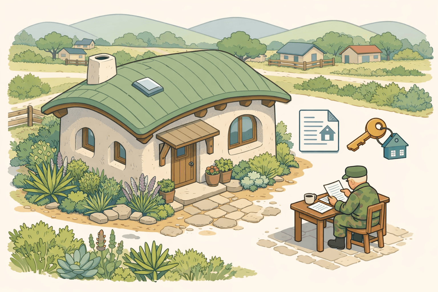 A straw-bale home with thick plastered walls surrounded by green landscaping, representing eco-friendly construction and VA loan financing.