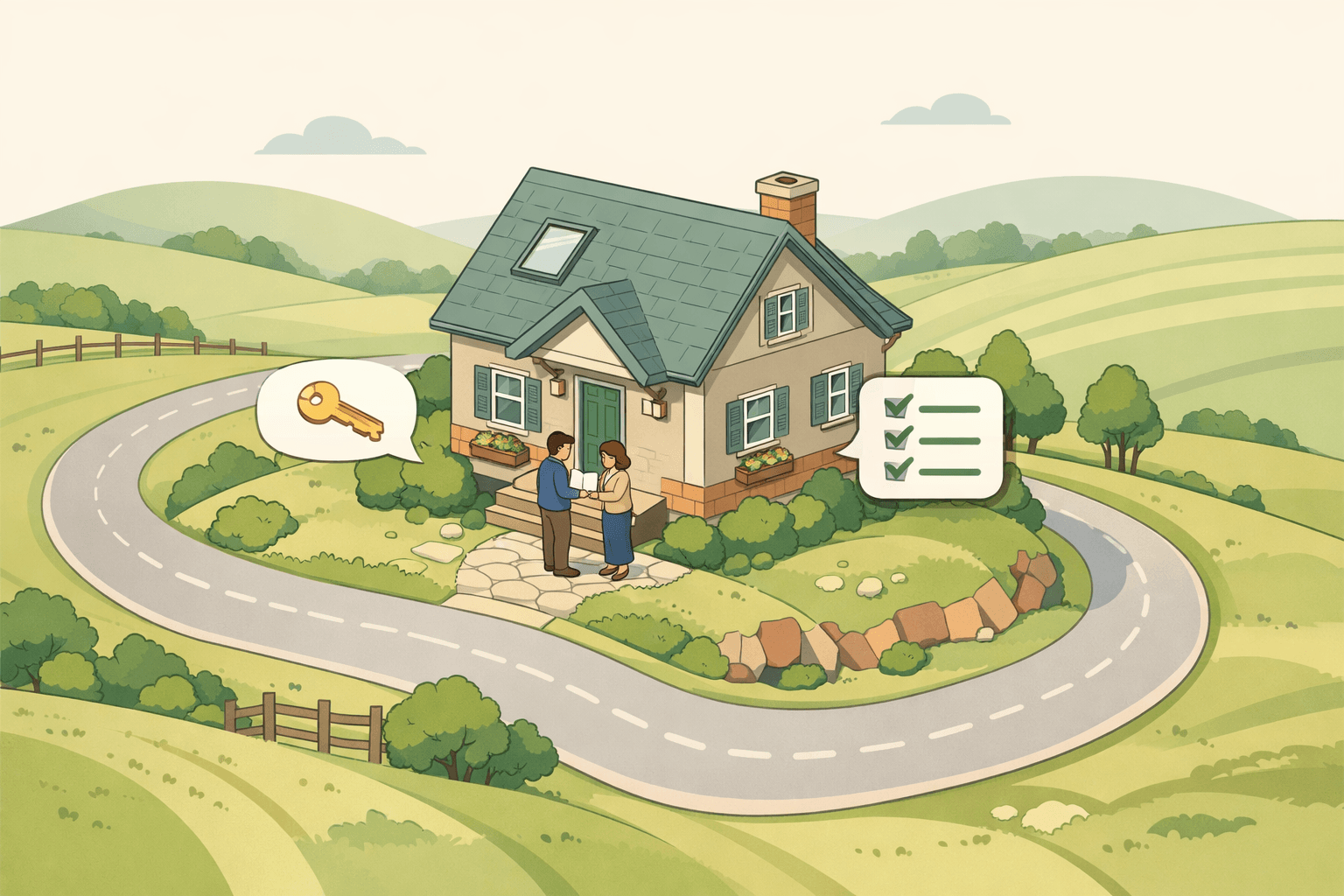A small rural home on a hillside with two people reviewing documents near the front door and floating key icons nearby