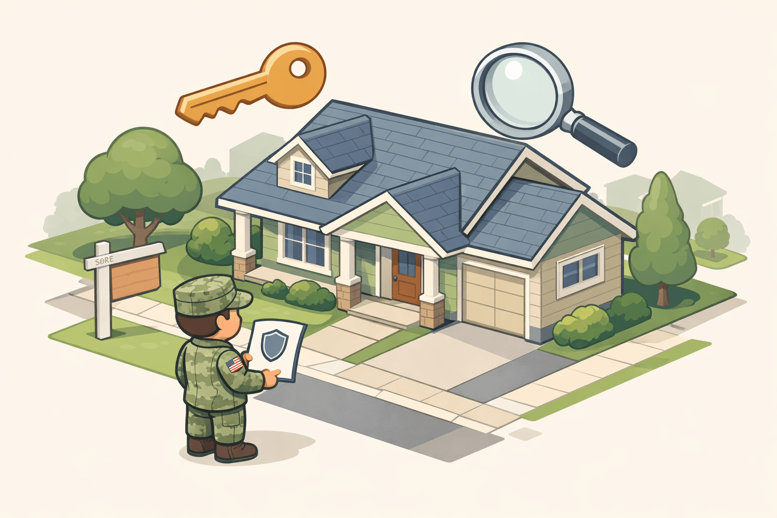 A veteran standing in front of a home with a document and key icon representing VA loan entitlement and homeownership