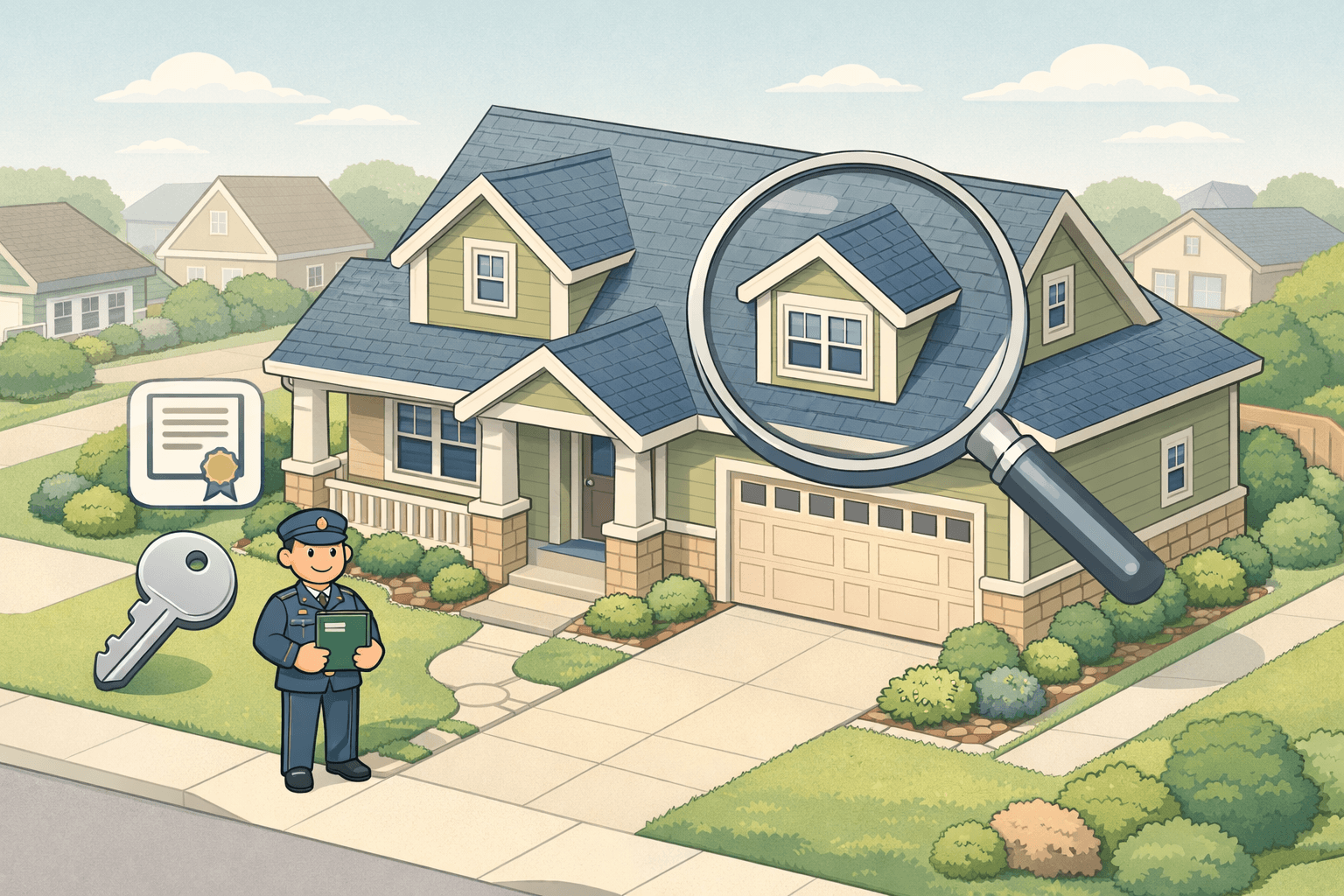 A veteran homebuyer standing outside a suburban home holding loan documents with a key and certificate icon nearby.