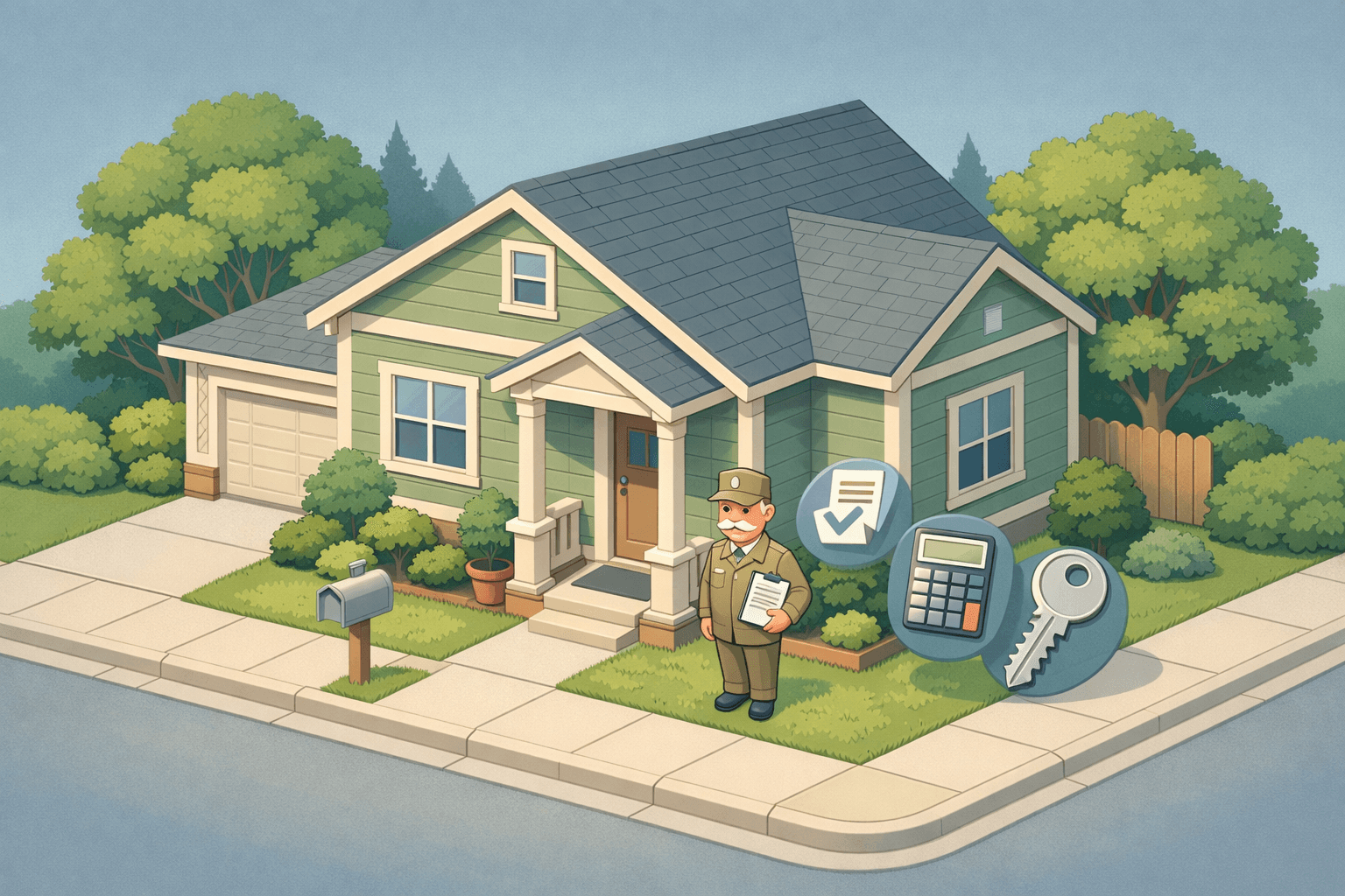 A veteran standing near a home with document and calculator icons floating nearby representing VA loan approval and residual income planning