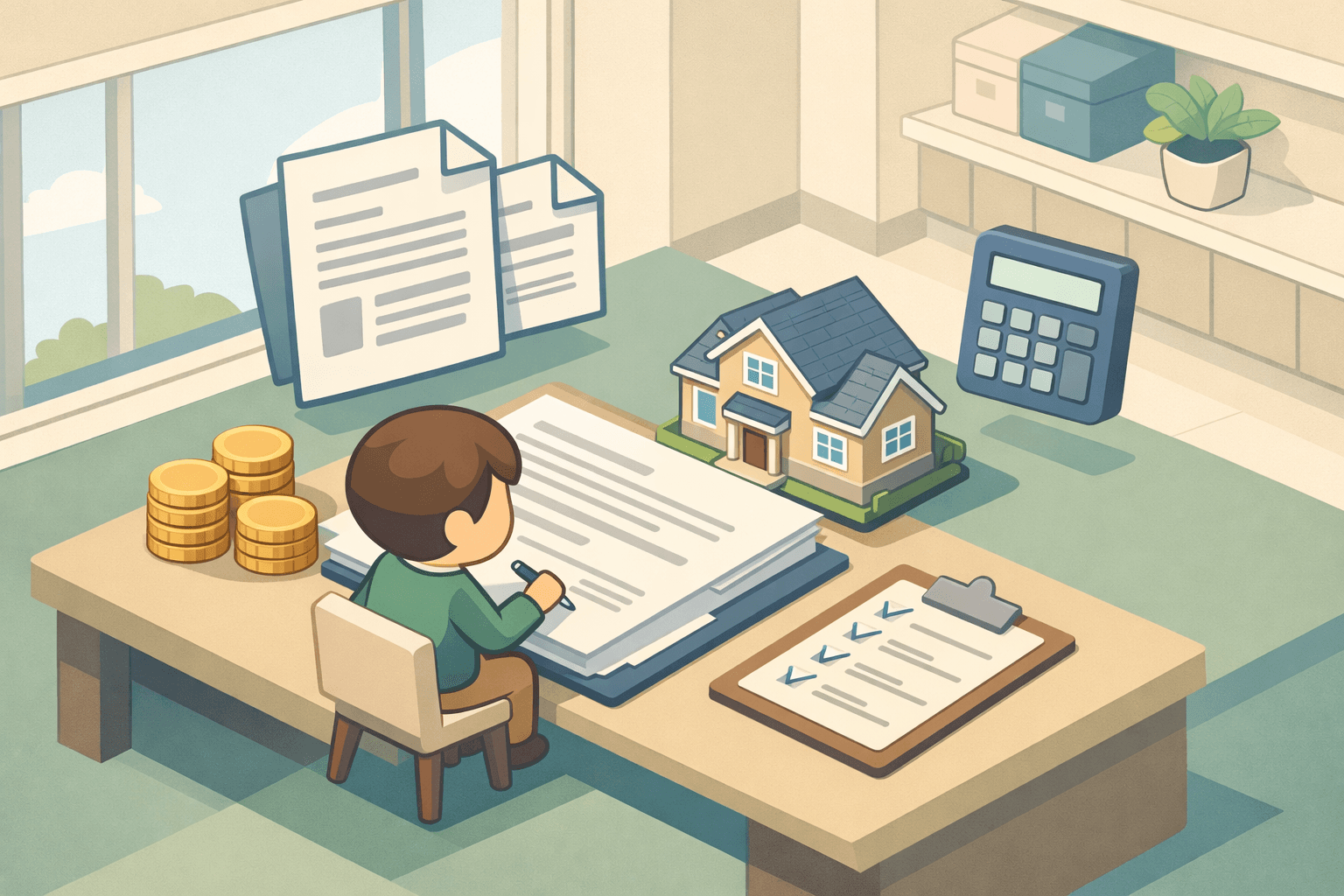 A person reviews closing cost documents at a desk beside a small house model and a calculator