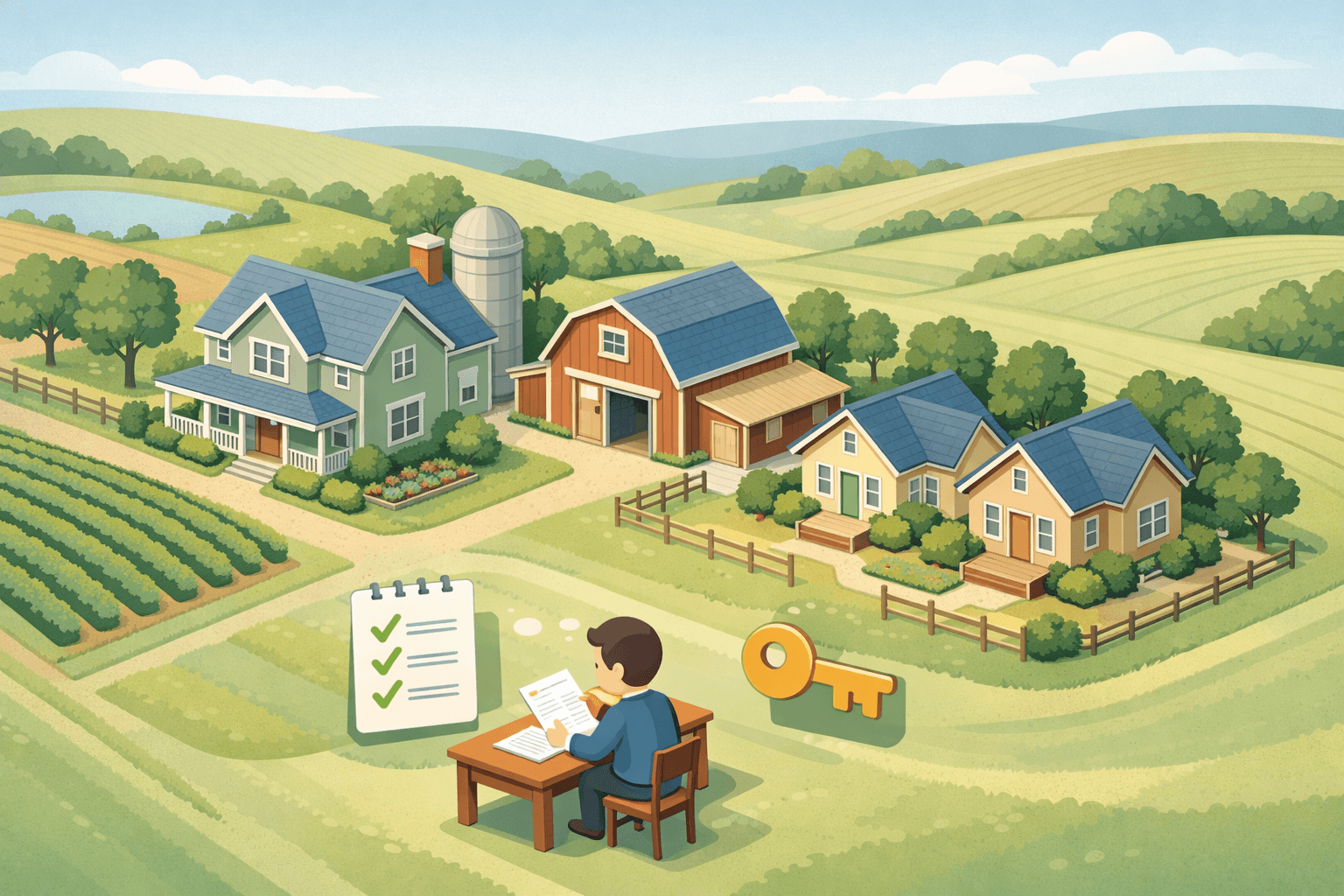 Isometric view of a multi-unit farm property with a farmhouse, barn, and cottages on rural agricultural land
