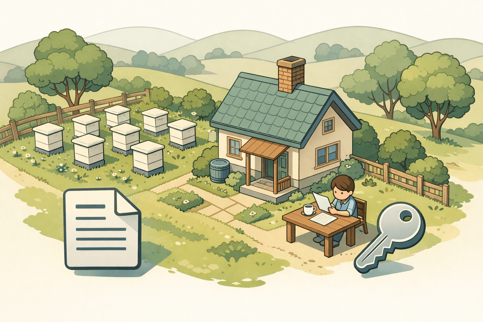 A rural homestead with beehives on the property and a small house surrounded by green countryside hills.