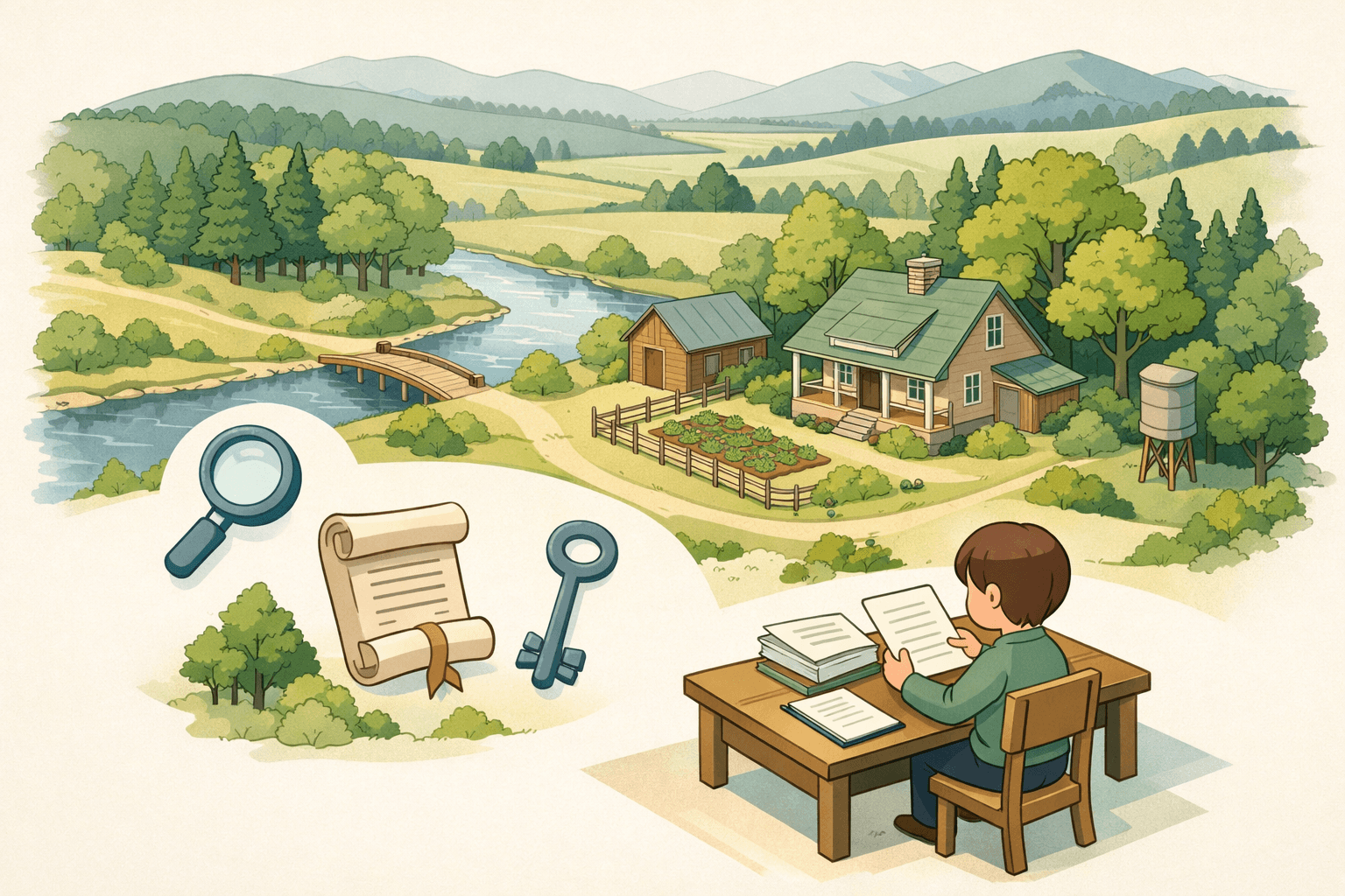 A rural home surrounded by protected land with a person reviewing mortgage closing documents at a desk nearby