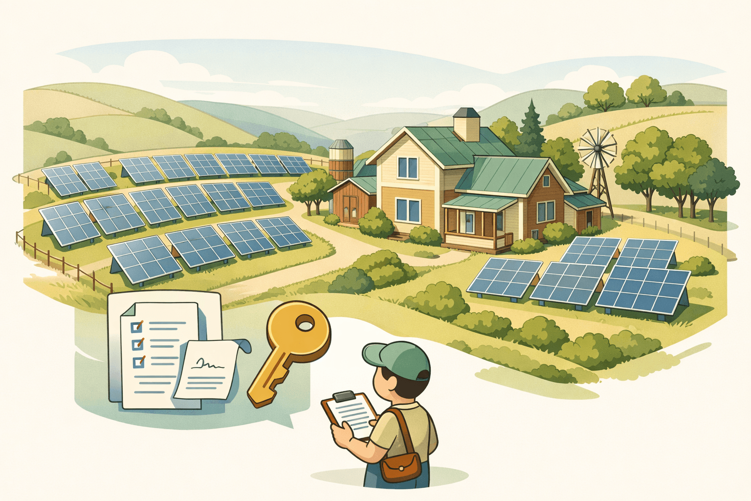 A rural home surrounded by solar farm panels on a hillside, representing a USDA loan property with renewable energy features