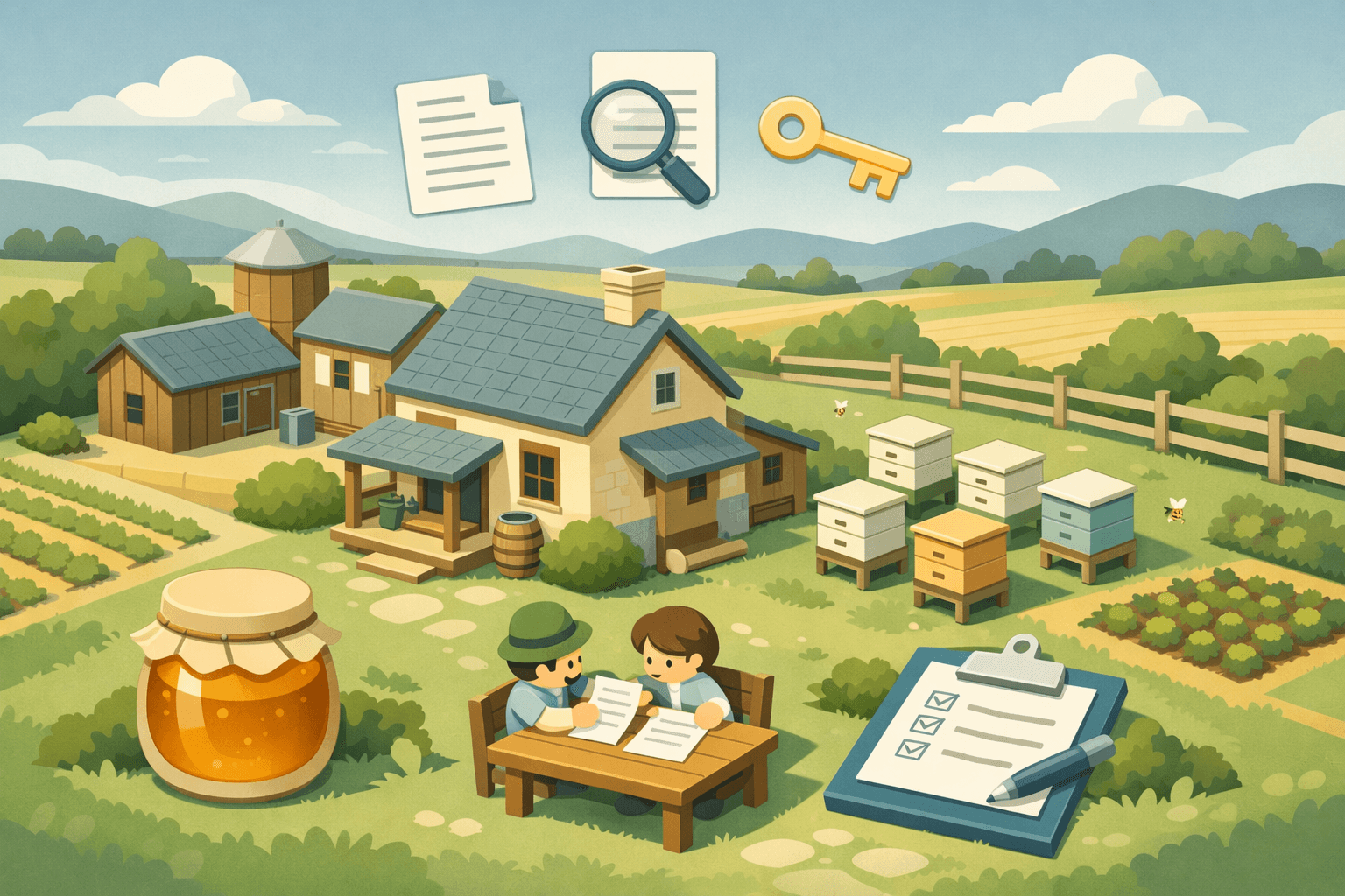 Isometric rural farmhouse with beekeeping apiary and small figures reviewing mortgage documents outdoors