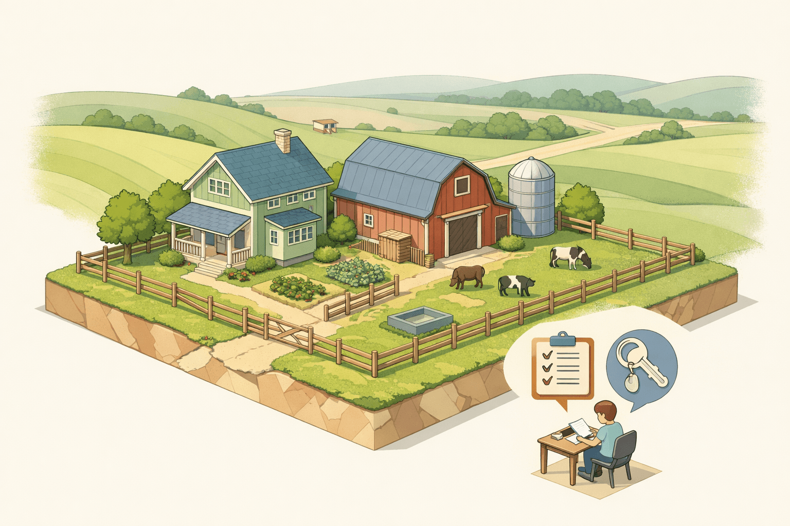 Isometric farm property with house, barn, and pasture as a buyer reviews closing documents at a nearby desk