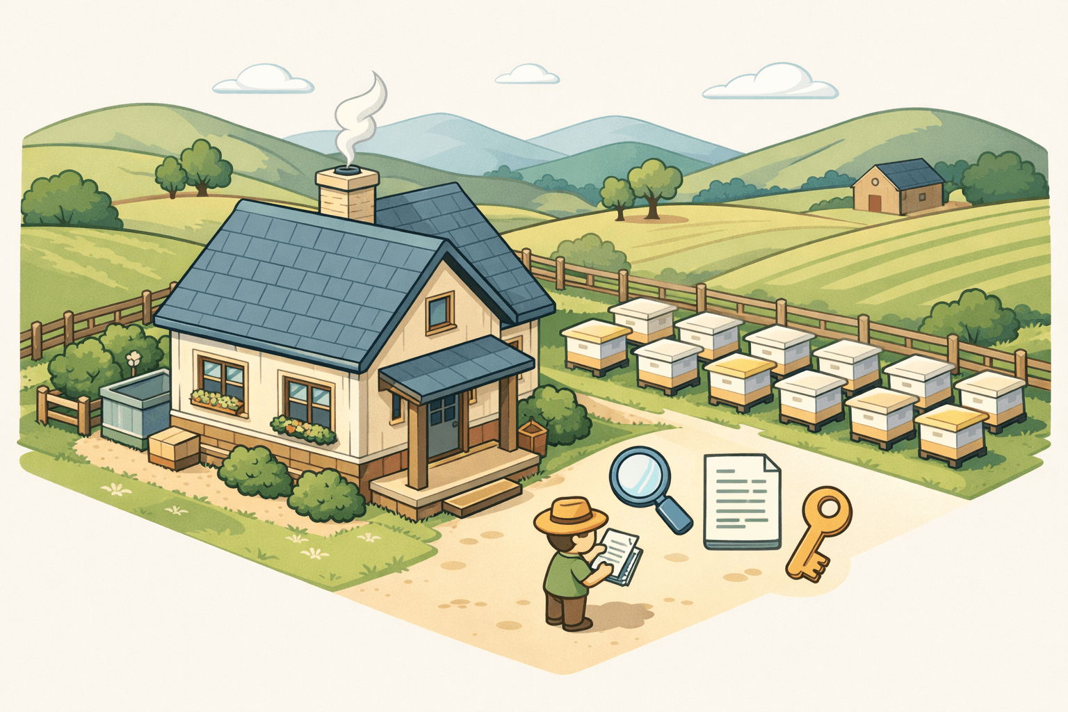 A rural farmhouse with beehive boxes on surrounding land, representing a USDA loan purchase of a property with a beekeeping apiary.