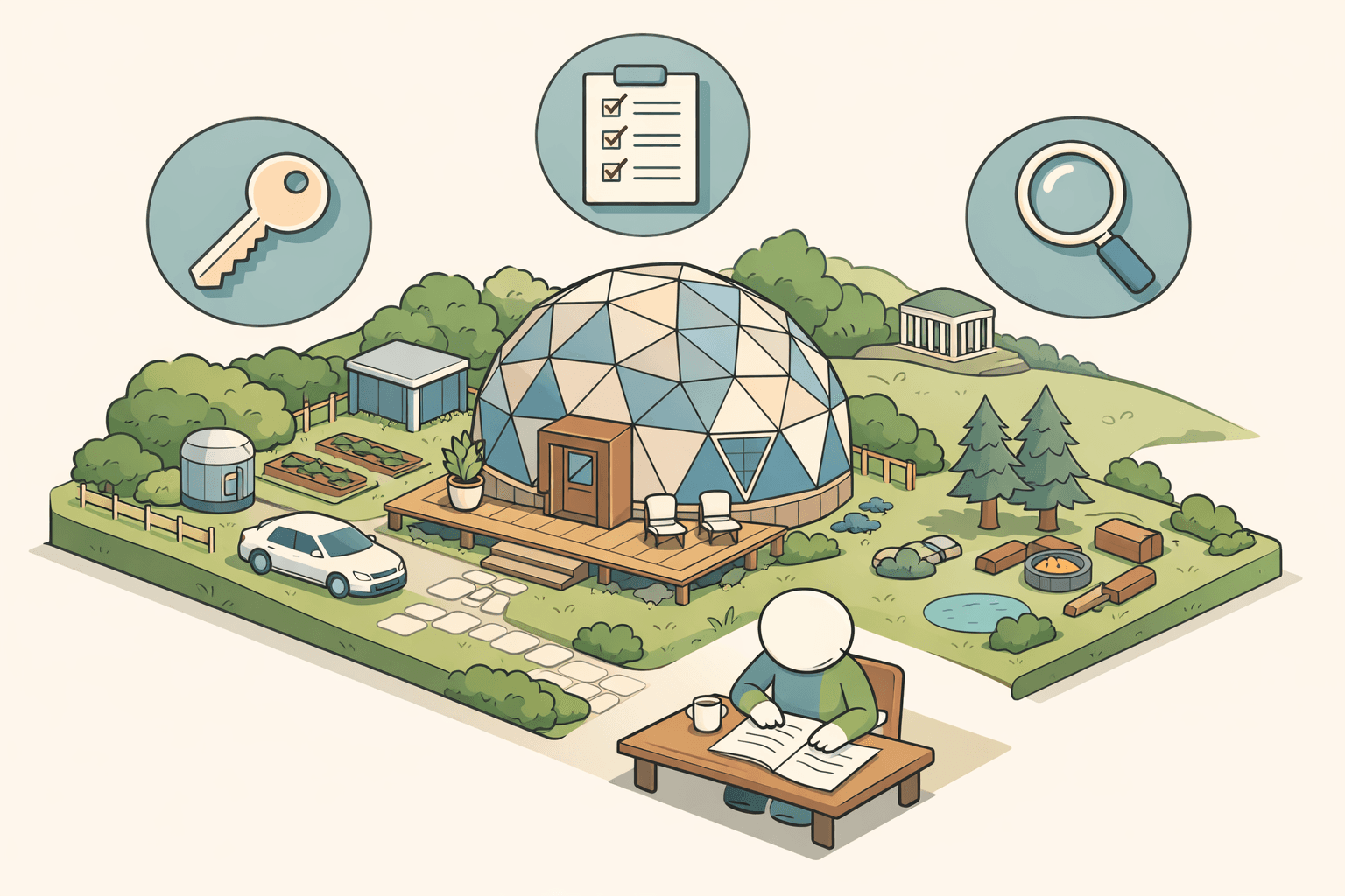 A geodesic dome home on a parcel of land with document and key icons representing a VA loan closing process
