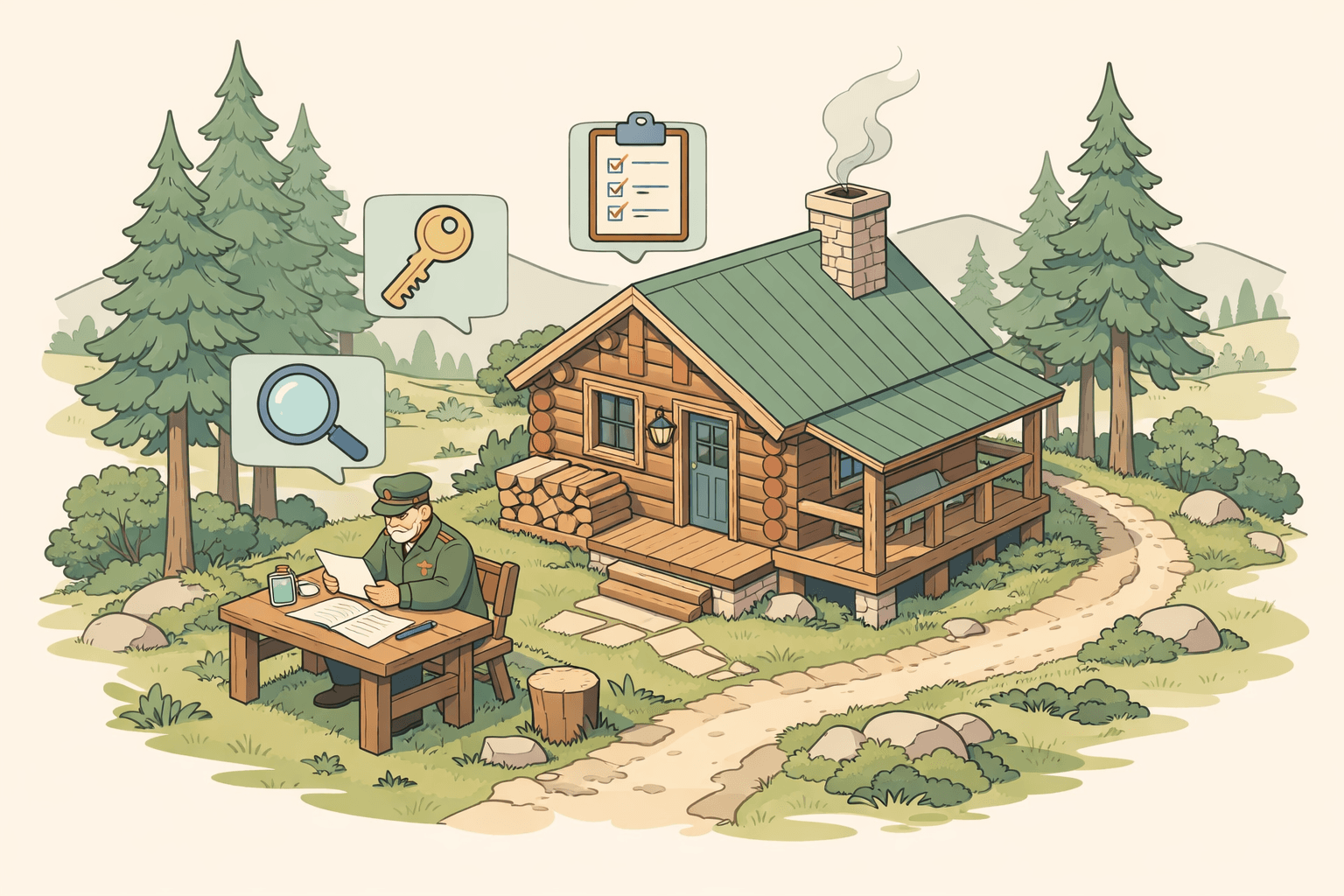 A historic log cabin in a rural wooded setting with a veteran reviewing loan documents outside