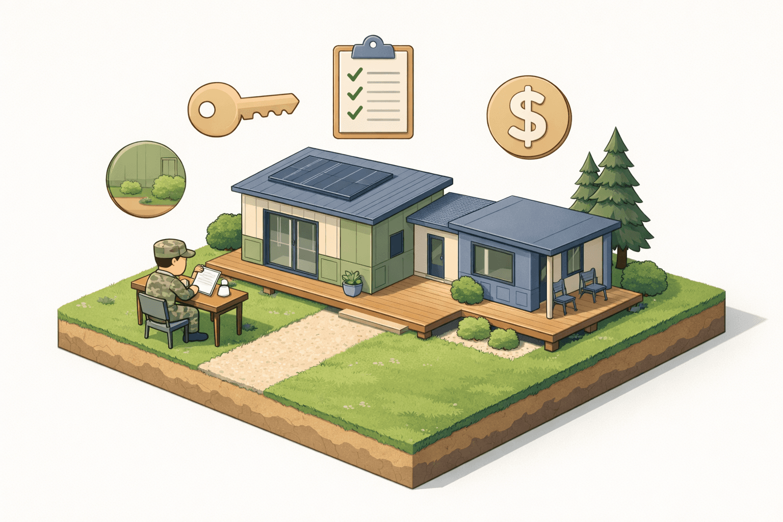 A modular home on a land parcel with a veteran reviewing loan documents at a desk outside the property