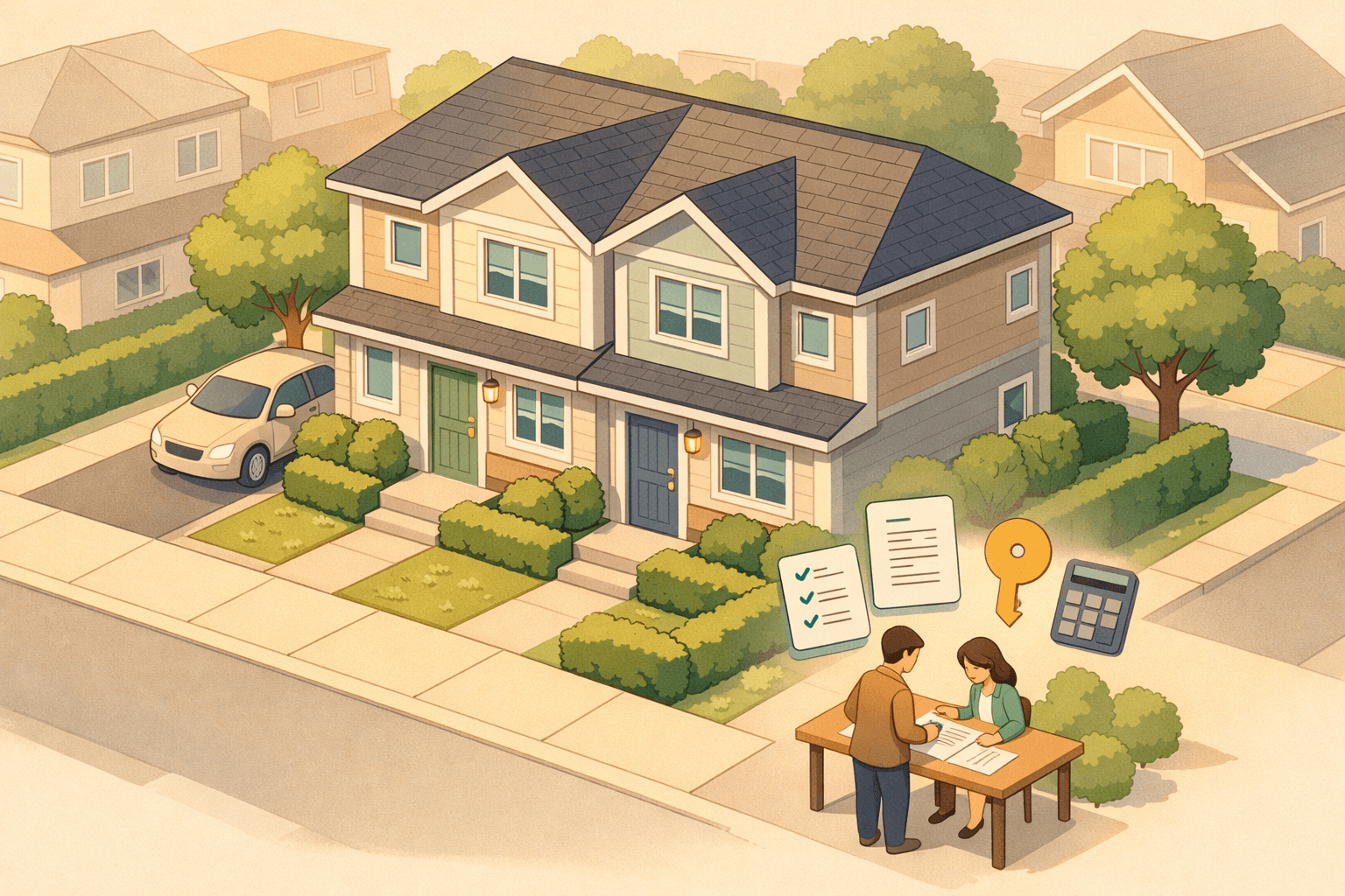 Two people reviewing closing documents beside a duplex home with a key and calculator floating nearby