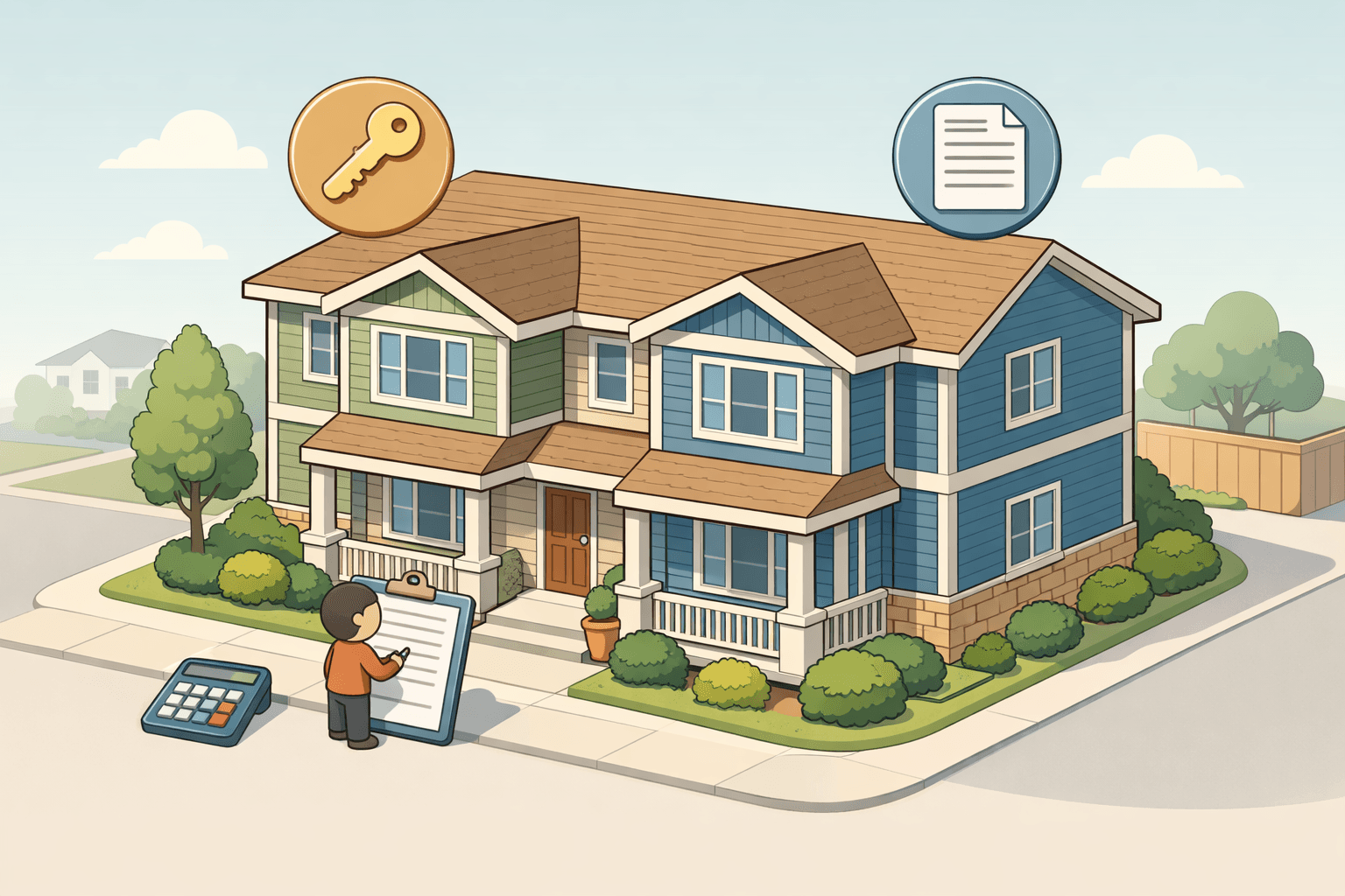 A duplex building with a buyer reviewing loan documents and a key icon, representing closing costs and financing options.