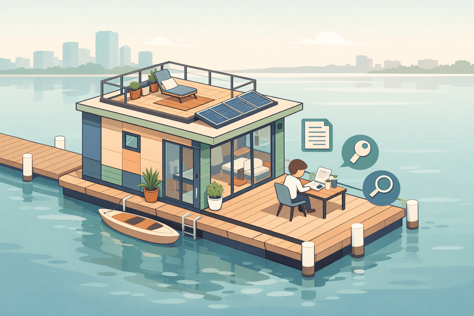 A floating houseboat moored at a marina dock with document and key icons nearby, representing houseboat mortgage financing.