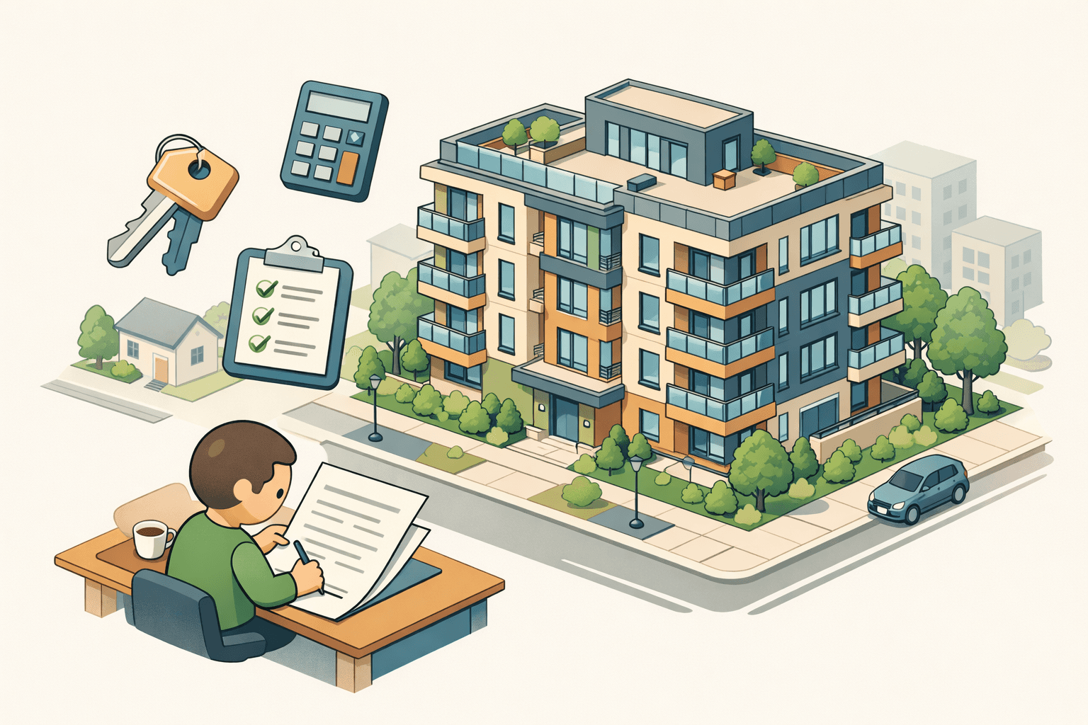 Isometric scene of a condo building with a buyer reviewing closing cost documents at a desk nearby