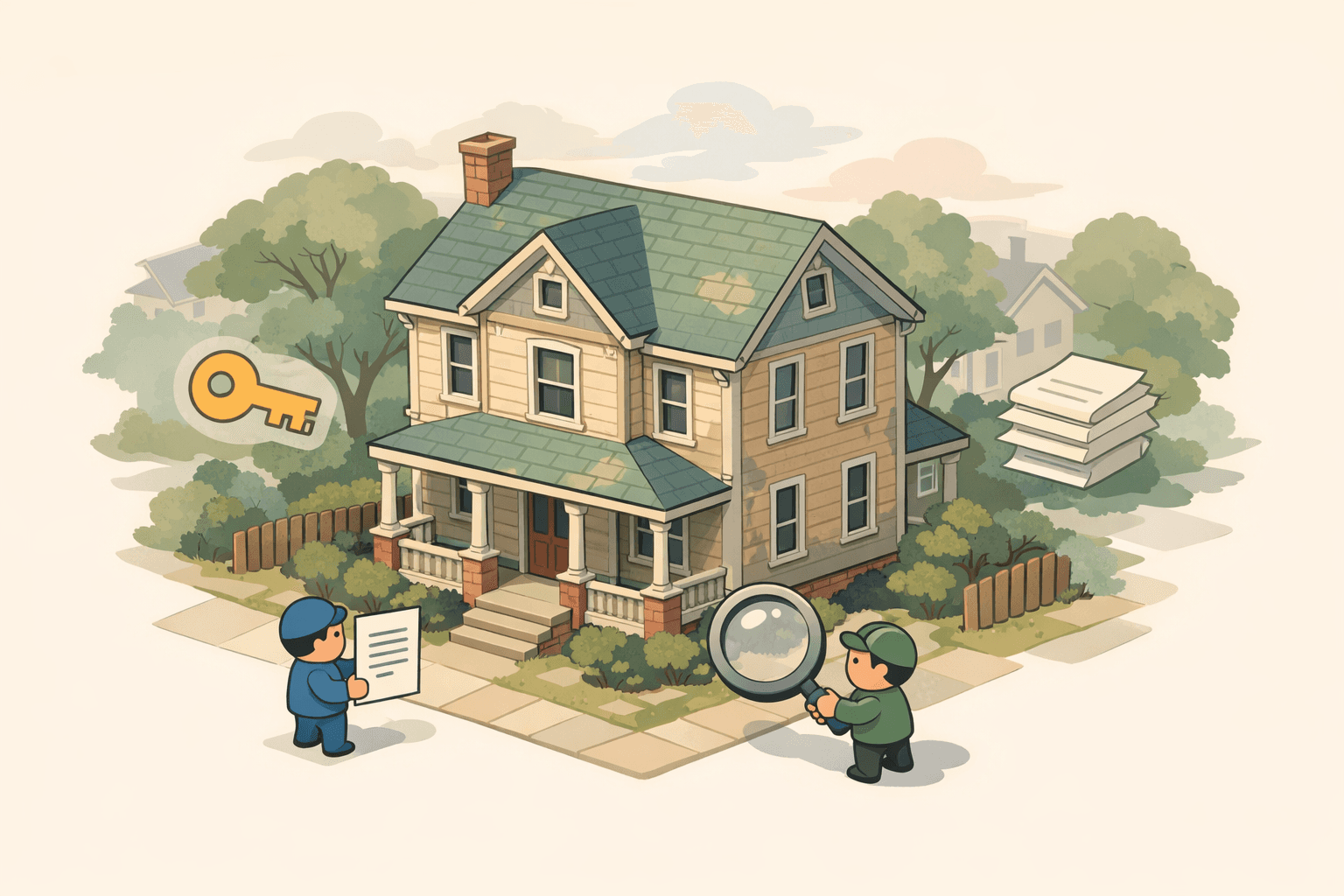 Two people reviewing documents outside an inherited house with a key and paperwork icons nearby