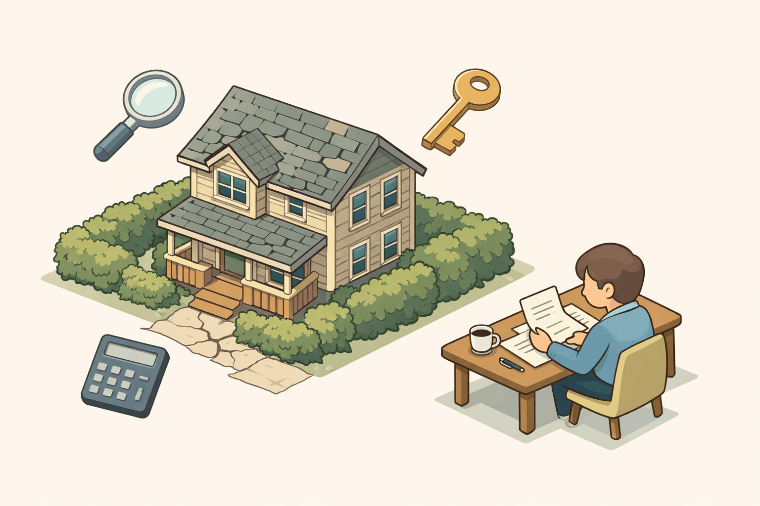 An inherited house with deferred maintenance sits alongside a document desk and floating loan cost icons in a soft pastel scene