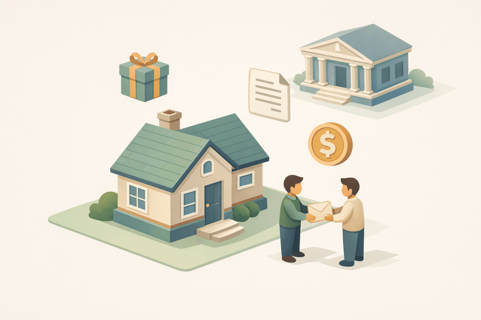 Two people exchange a gift envelope near a house, representing gifted down payment funds for a conventional mortgage closing.