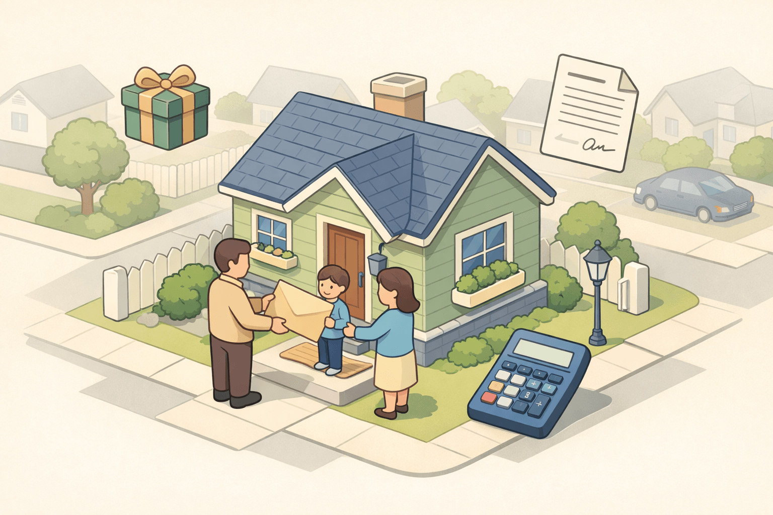 Parents handing gift funds paperwork to a young homebuyer standing outside a suburban home at closing