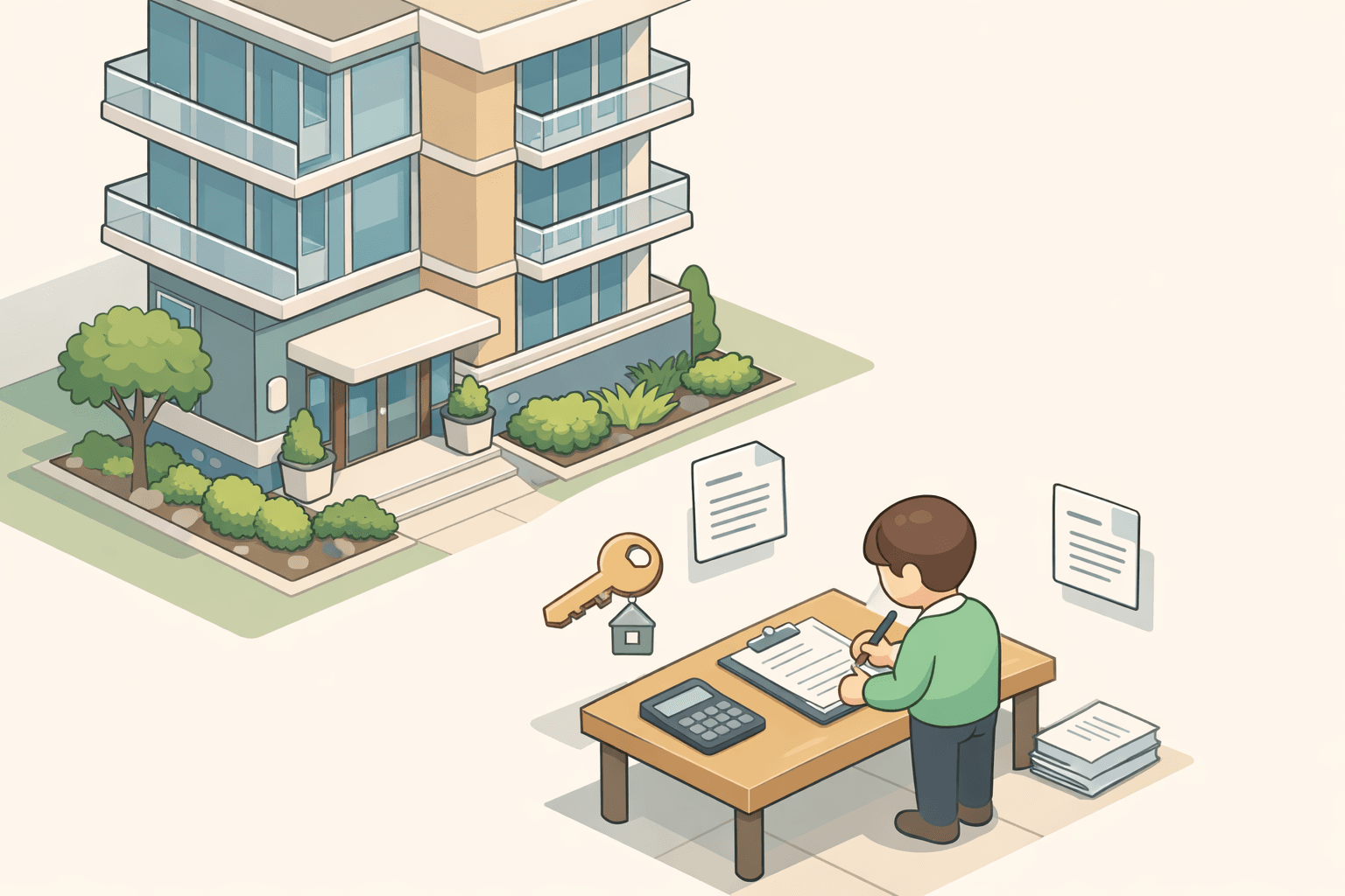 A person at a closing table inside a modern condo building with floating document and key icons nearby