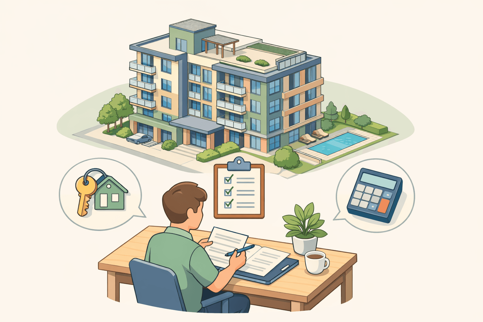 Isometric scene of a condo building with a buyer reviewing closing documents and floating icons of a key and checklist nearby