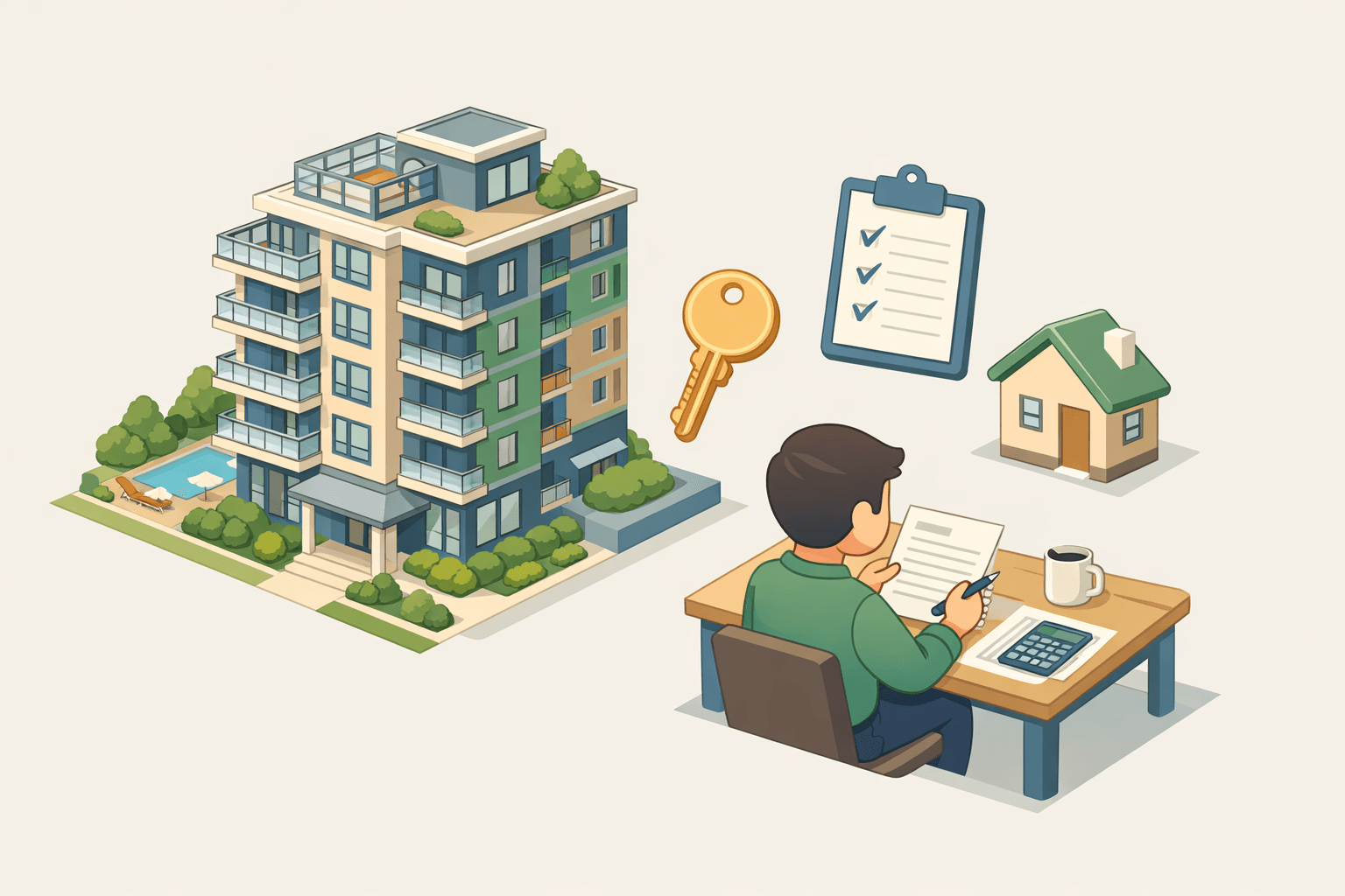 Isometric scene of a condo building with a buyer reviewing FHA closing cost documents and HOA paperwork at a nearby desk