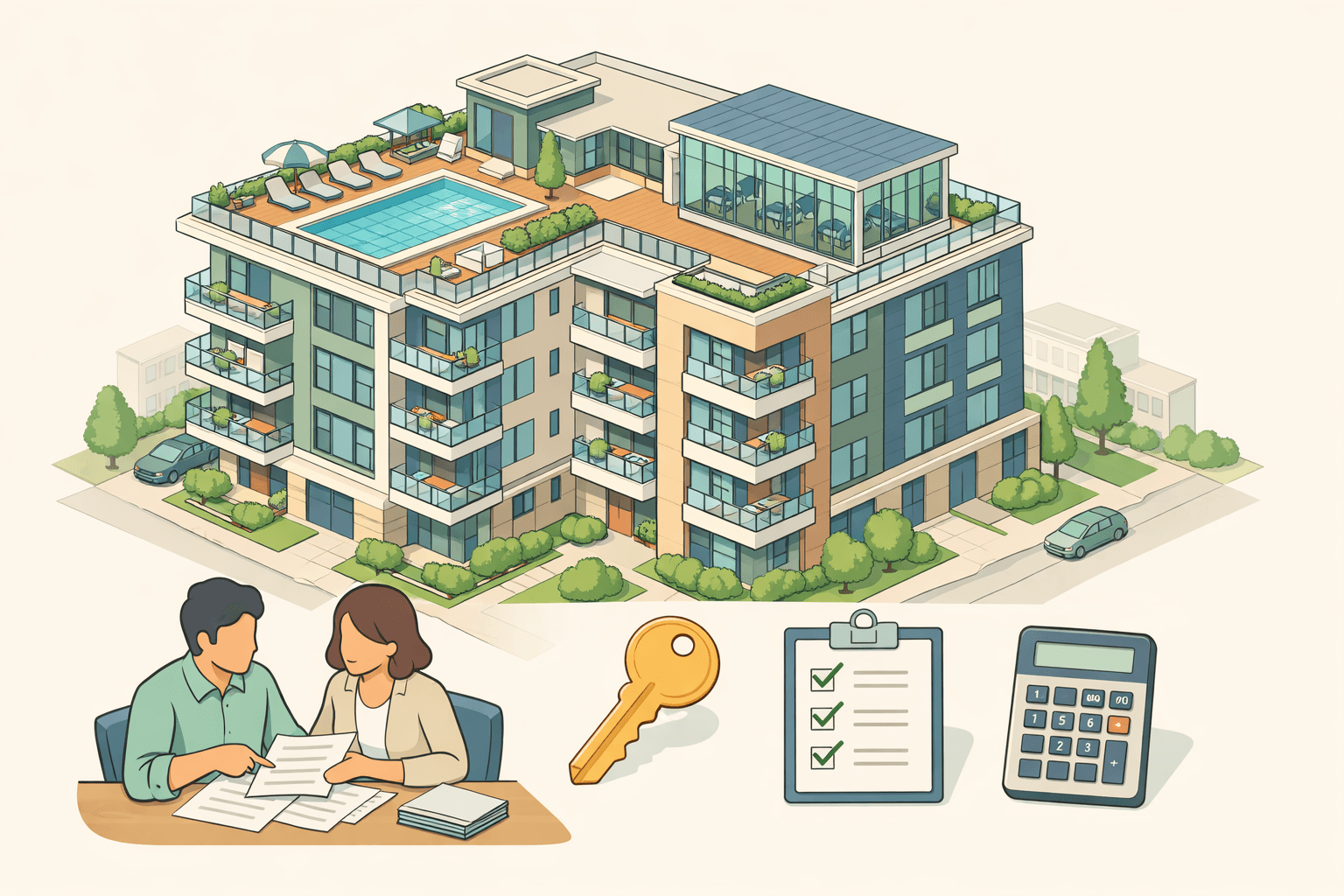 A modern condominium building with shared amenities like a pool and rooftop terrace shown in a stylized isometric scene
