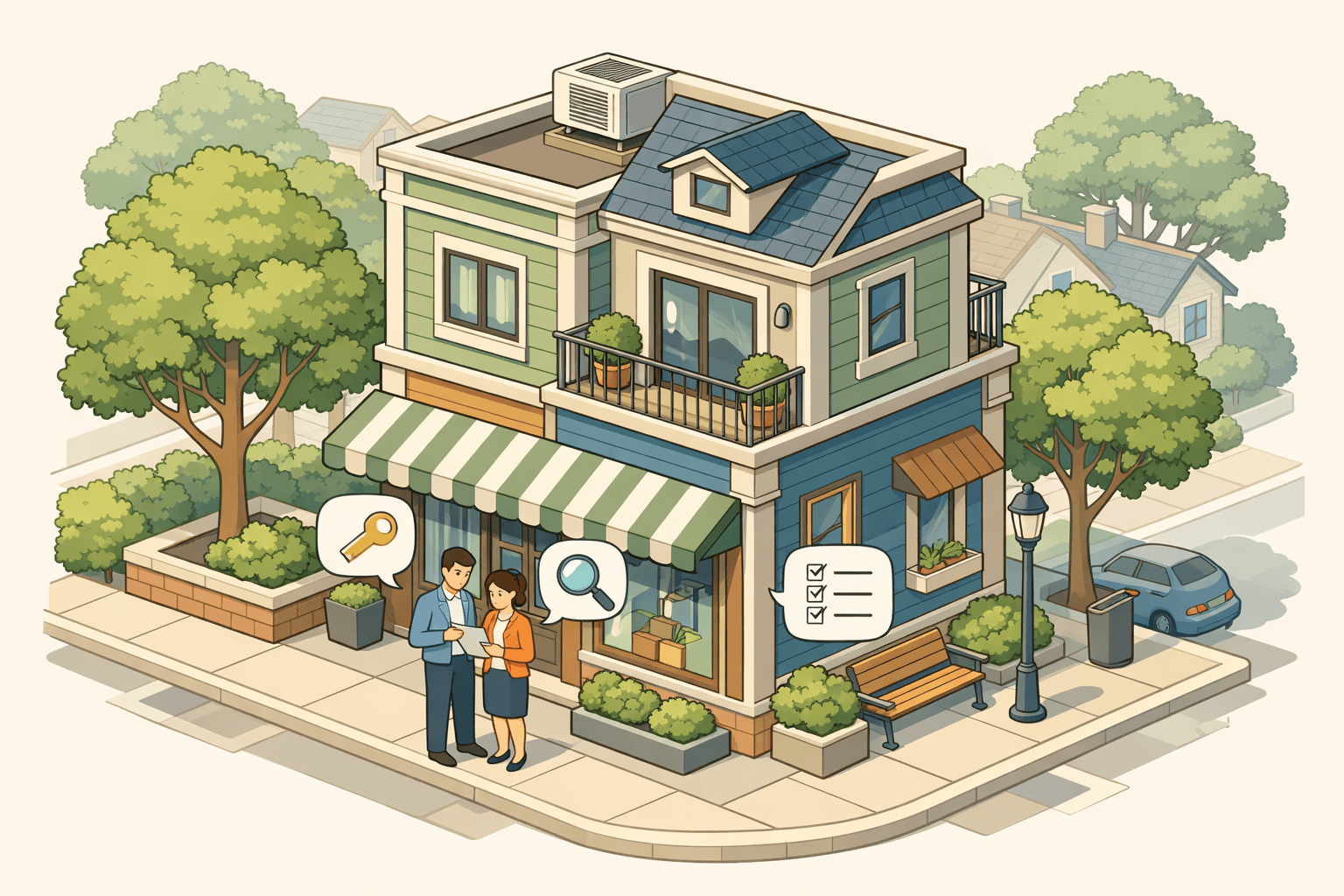 Isometric view of a mixed-use duplex with a ground-floor storefront and upper residential unit on a quiet street