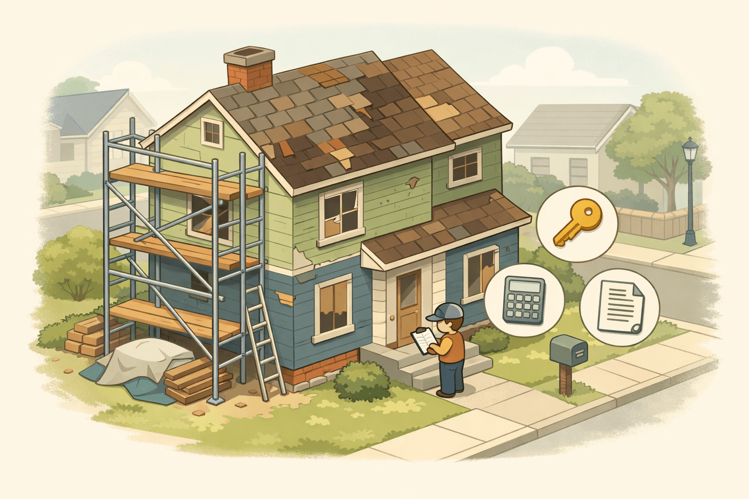 A fixer upper house with scaffolding and a person reviewing loan documents near the front door